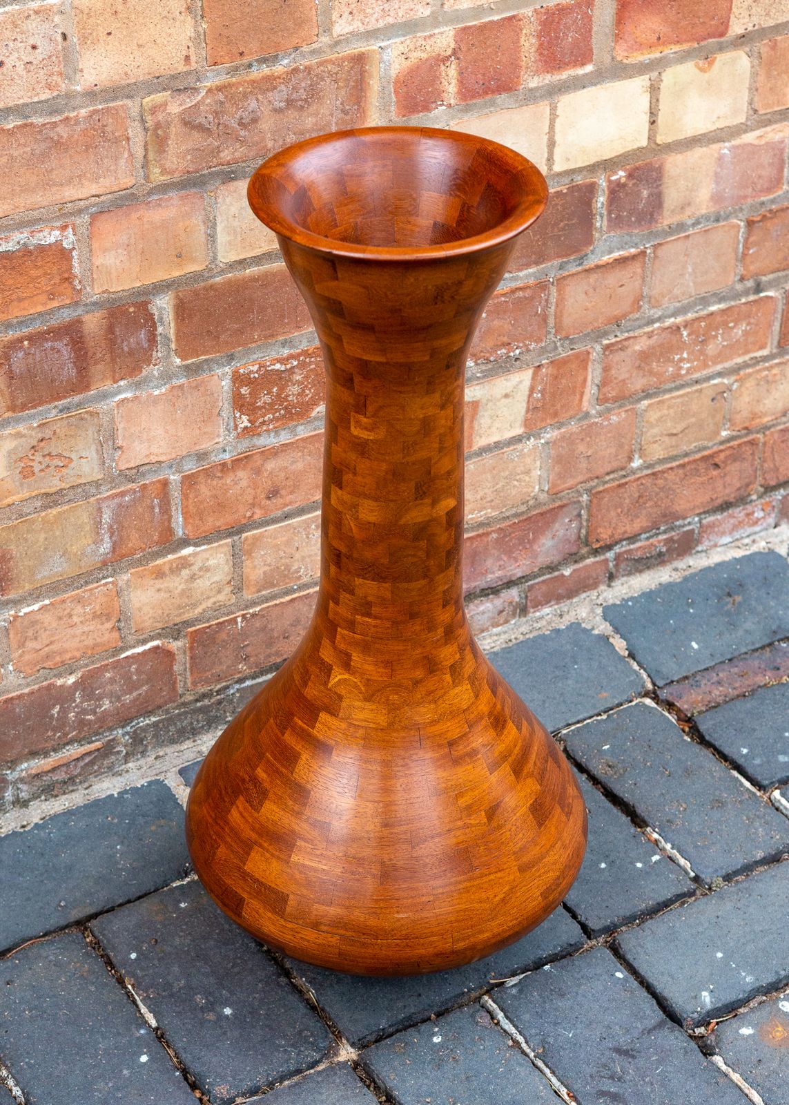 Segmented Wooden Floor Vase Richard Haining Style Stacked Sculptural Organic Artistic Large Floor Teak Statement Mcm Trumpet photo vintage