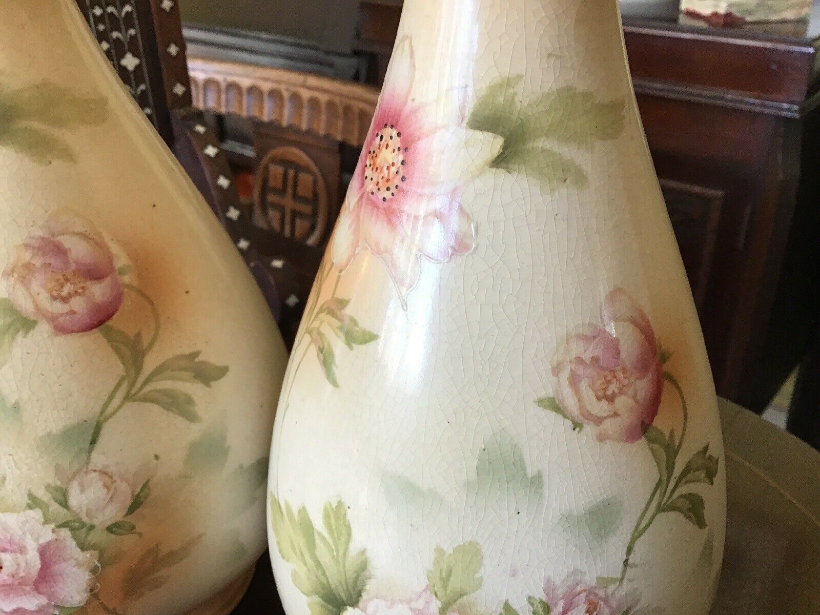 A Pair Of Antique Sanford Ware Hand Painted Blush Ivory Vases photo for sale
