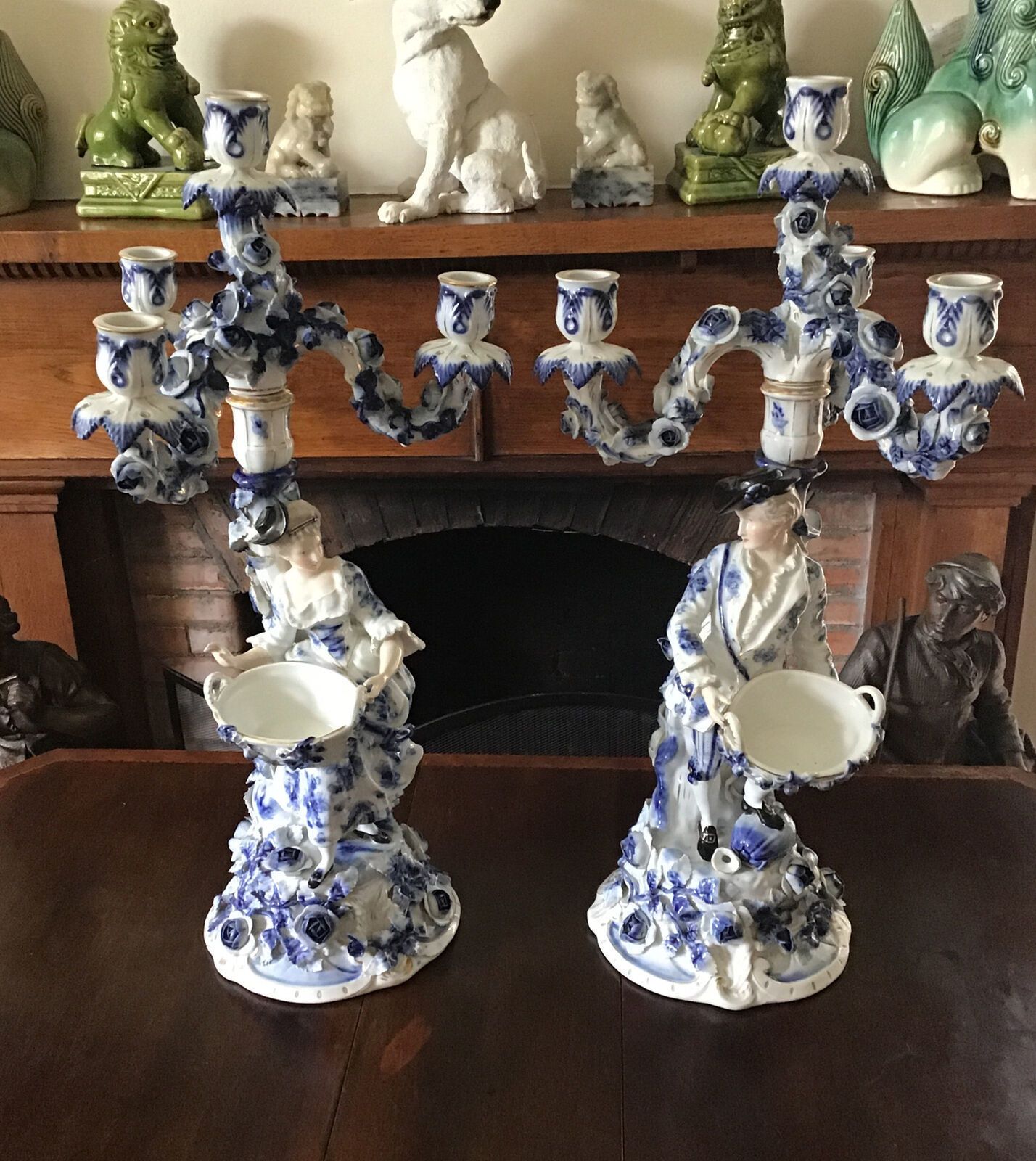 A Pair Of Blue & White Figural Sitzendorf Candelabra. Late 19th / 20th C.