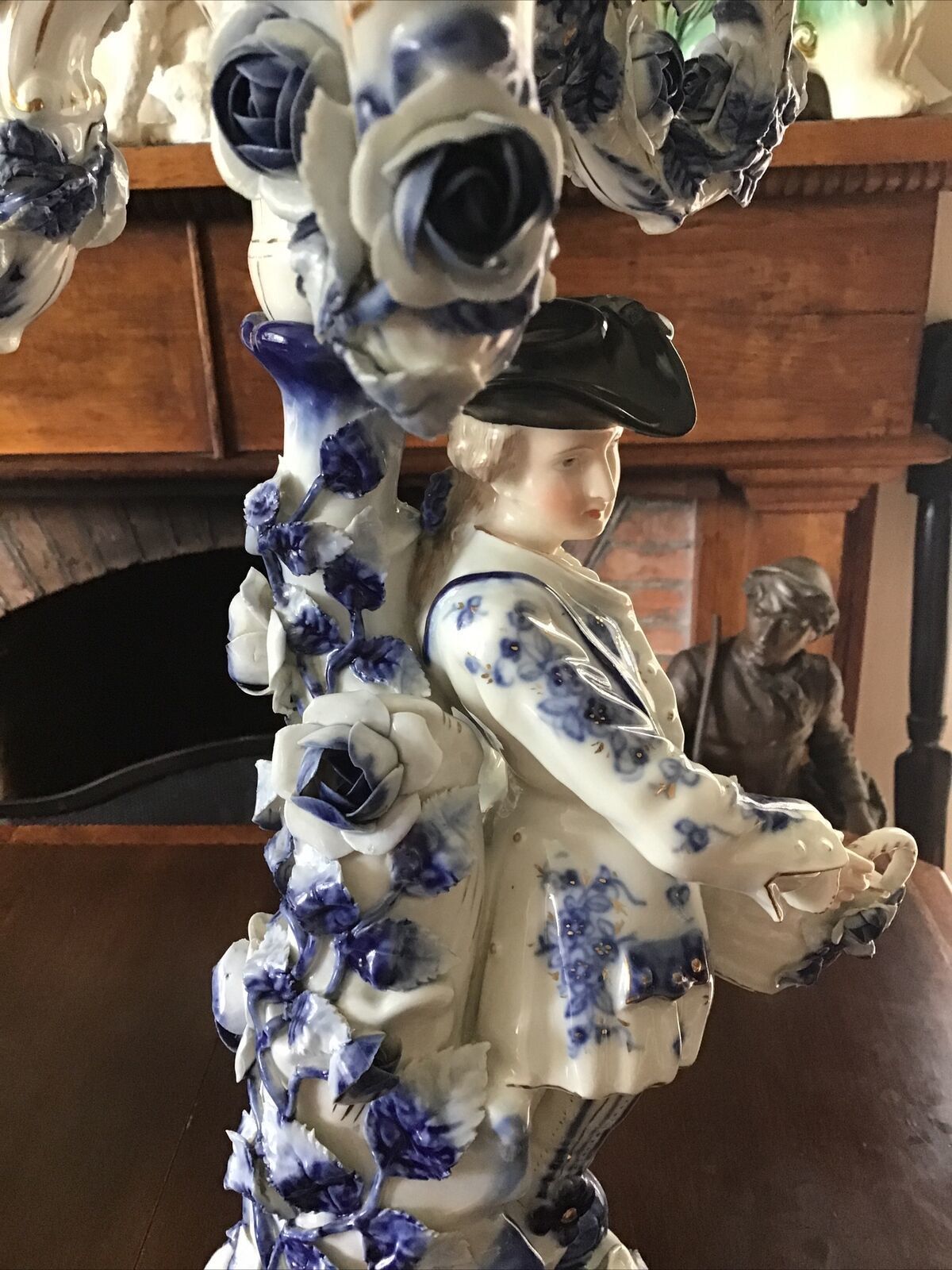 photo for sale A Pair Of Blue & White Figural Sitzendorf Candelabra. Late 19th / 20th C.