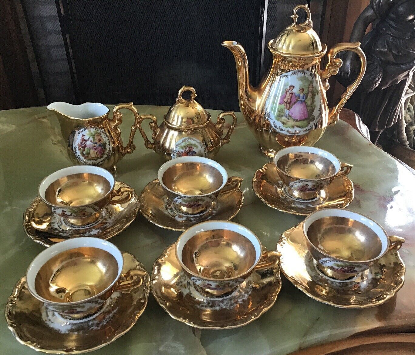 Jkw Karlsbad Gilt Lustre Crinoline Lady Tea Set. 15 Pieces.