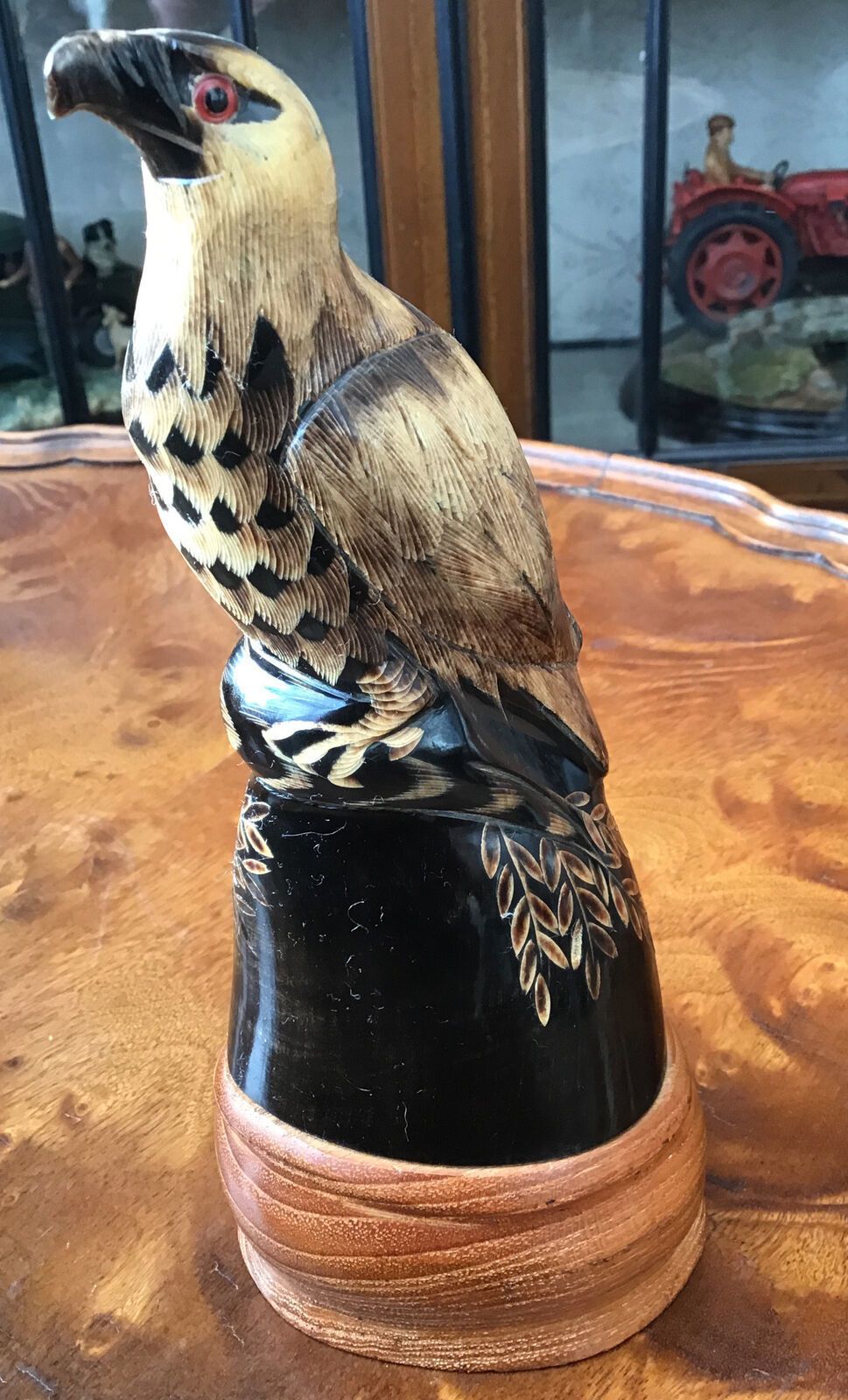 Intricately Carved Bovine Horn In The Form Of Eagle Glass Eyes Wooden Plinth photo Home Decor