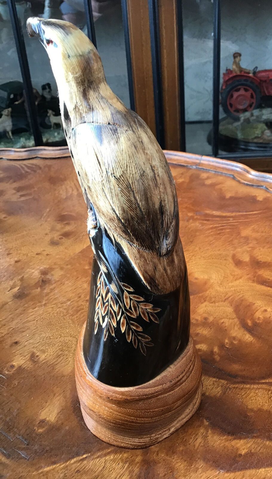 Intricately Carved Bovine Horn In The Form Of Eagle Glass Eyes Wooden Plinth photo 50.0