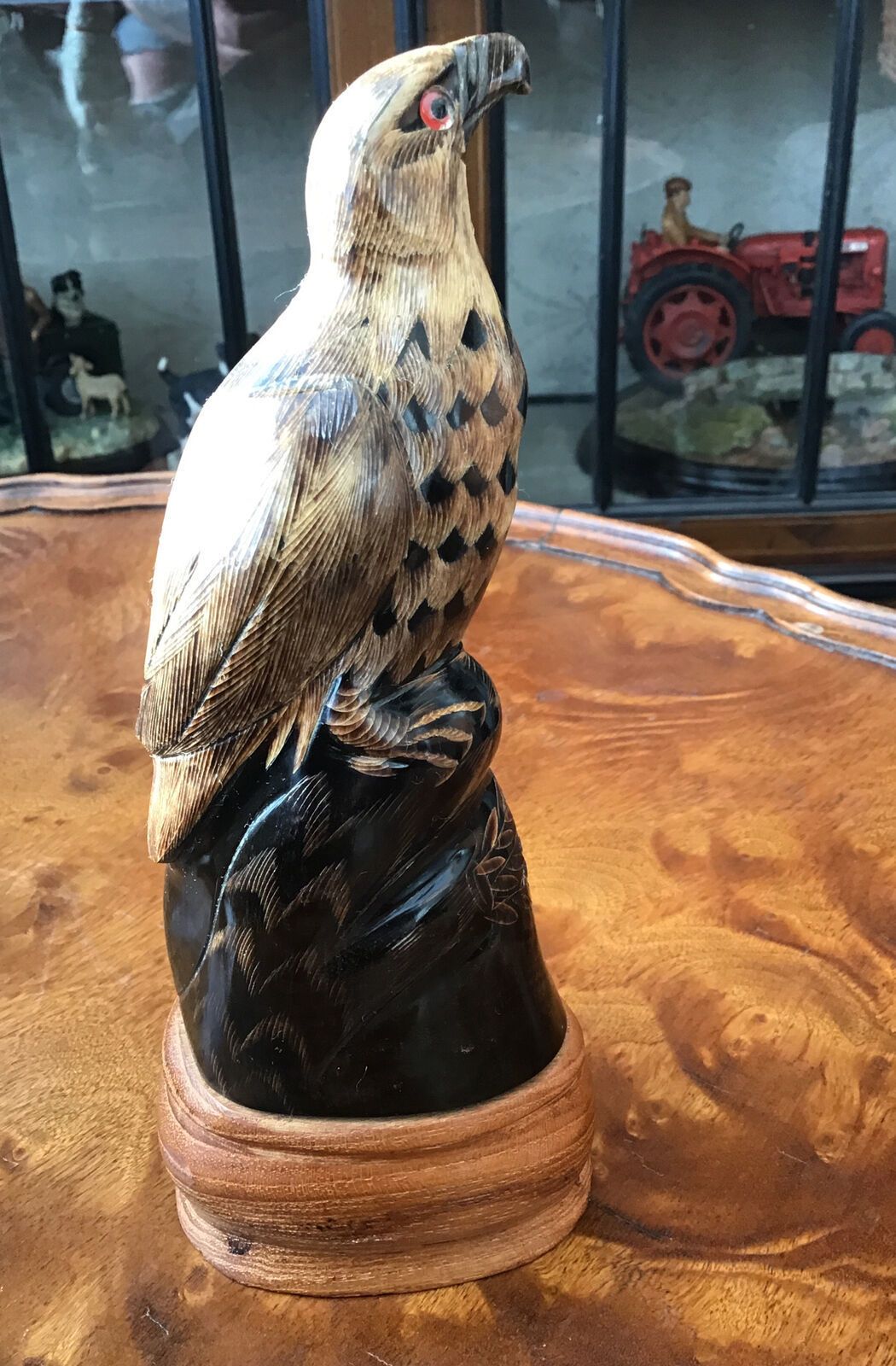 Intricately Carved Bovine Horn In The Form Of Eagle Glass Eyes Wooden Plinth photo buy