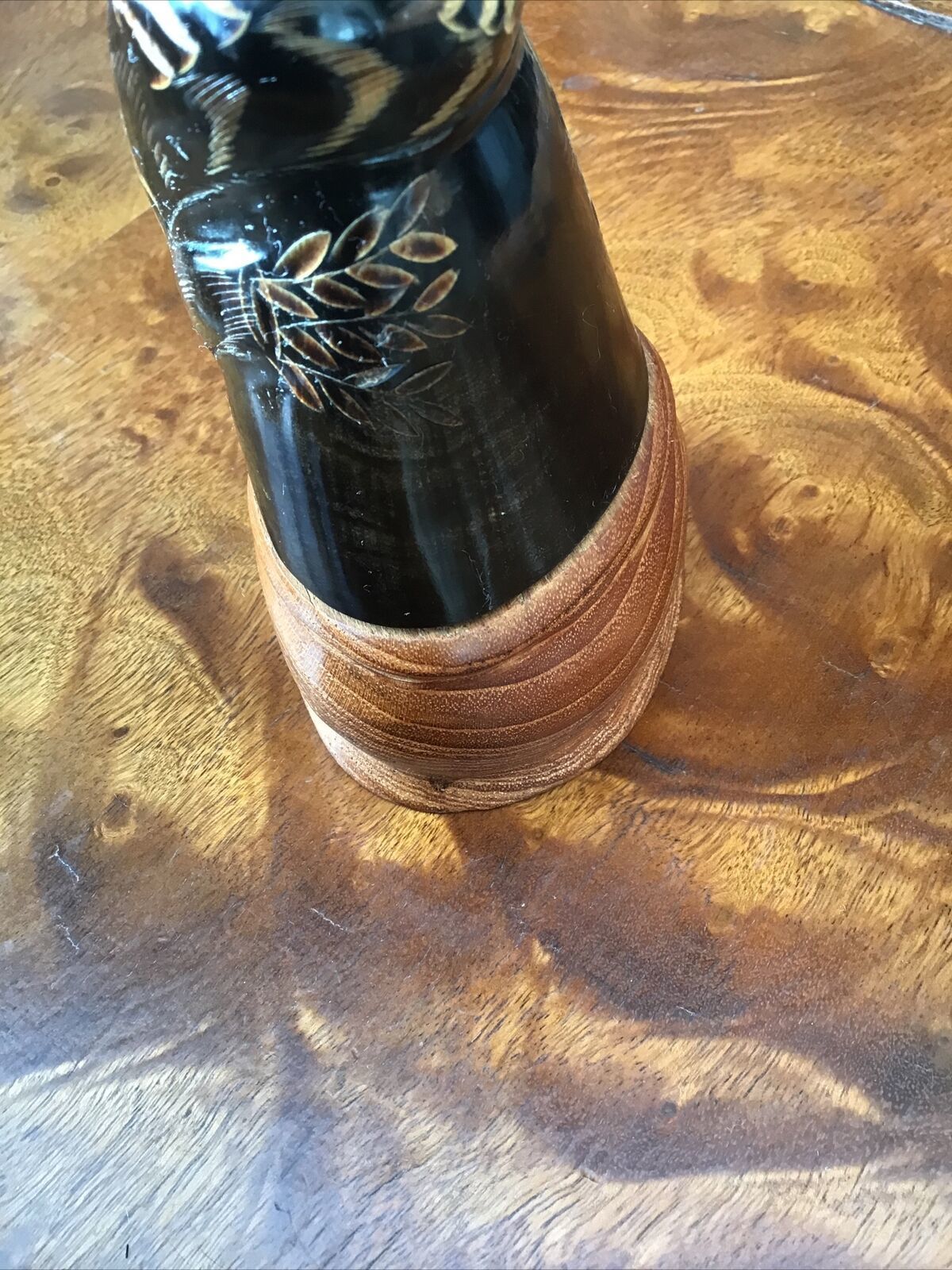 photo furniture Intricately Carved Bovine Horn In The Form Of Eagle Glass Eyes Wooden Plinth
