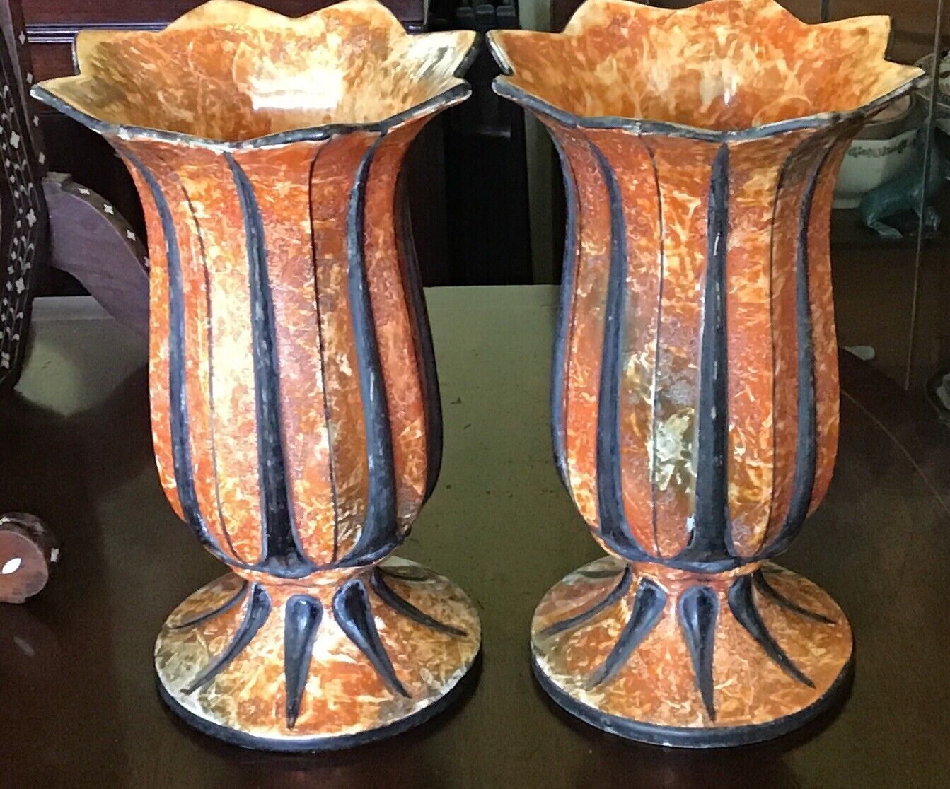 A Pair Of 10” Tall Antique Hand Painted Czeckoslackian Vases
