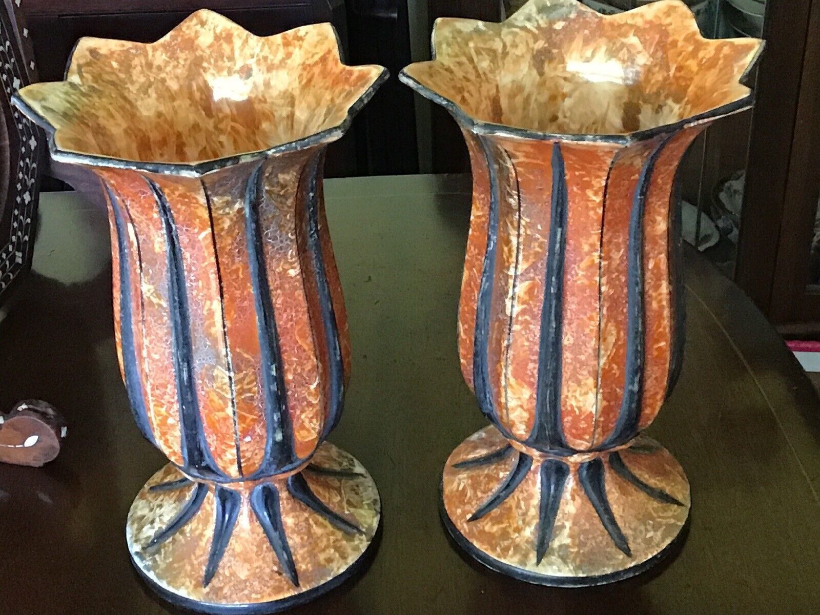 A Pair Of 10” Tall Antique Hand Painted Czeckoslackian Vases photo for sale