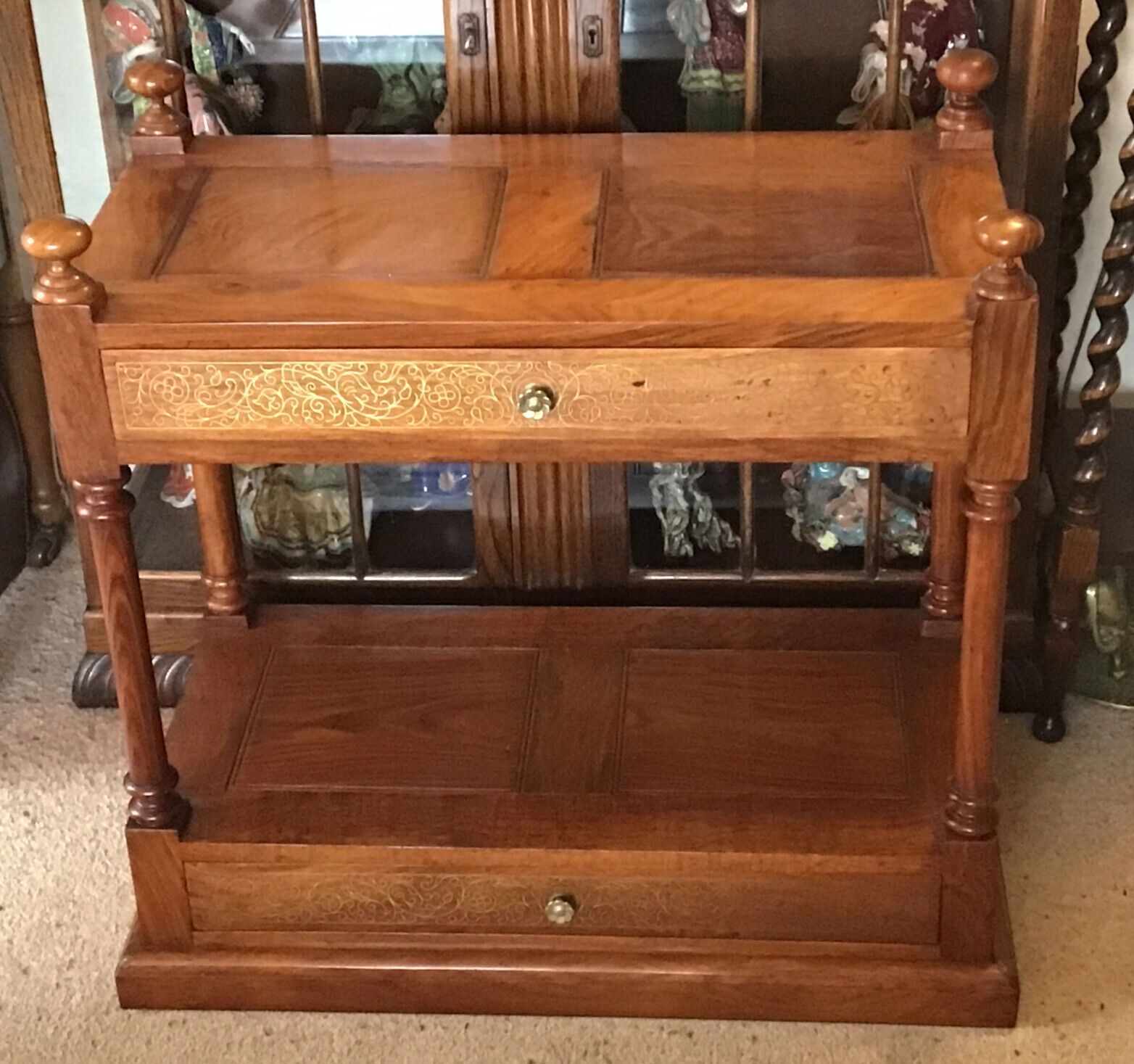 Mahogany 2 Tier Table / Stand. Brass Floral Inlayed Drawers. Turned Supports
