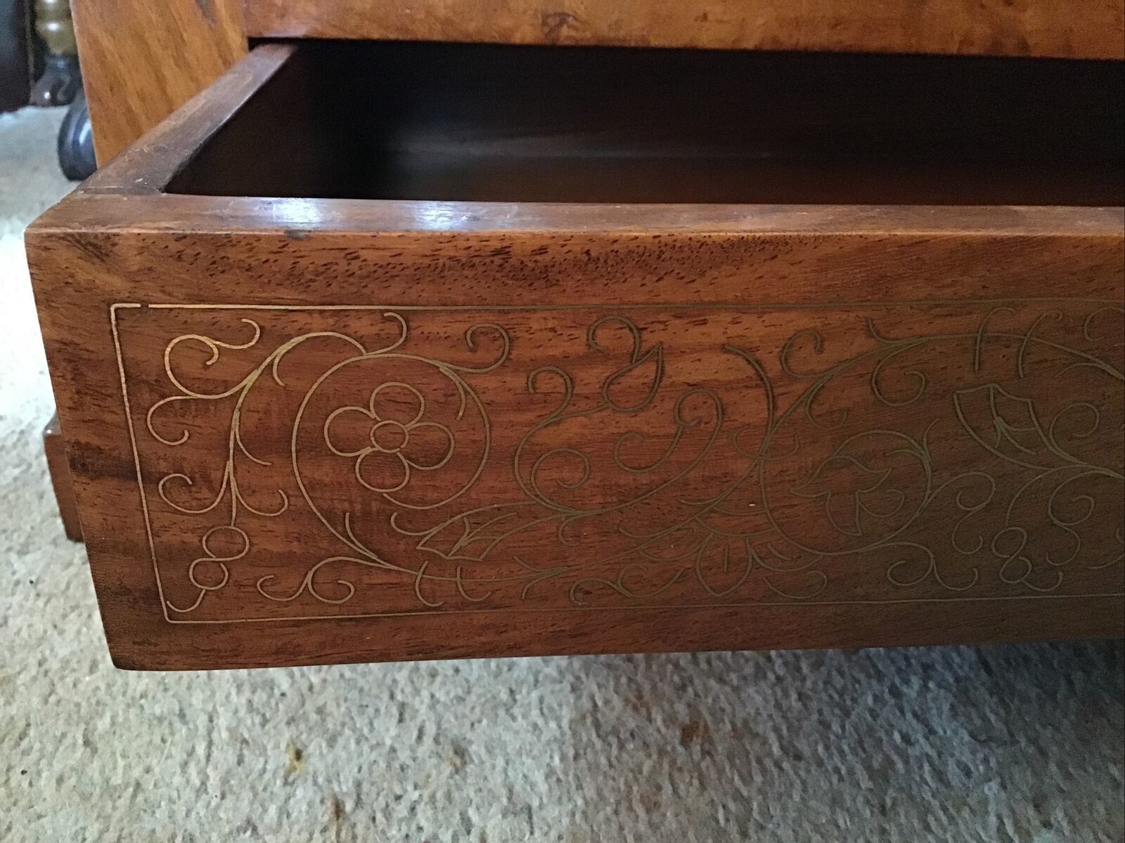 Mahogany 2 Tier Table / Stand. Brass Floral Inlayed Drawers. Turned Supports photo 235.0