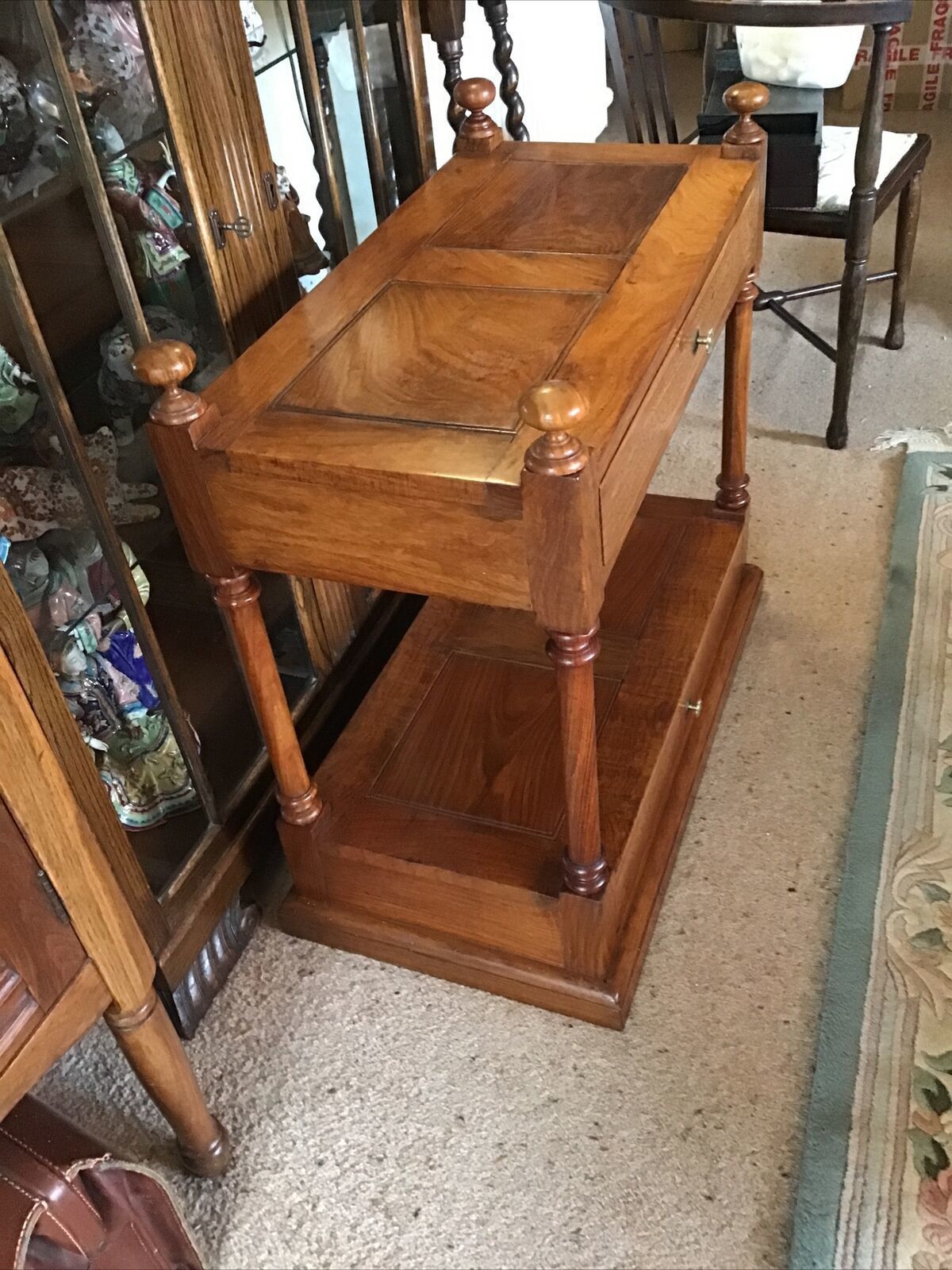 photo furniture Mahogany 2 Tier Table / Stand. Brass Floral Inlayed Drawers. Turned Supports