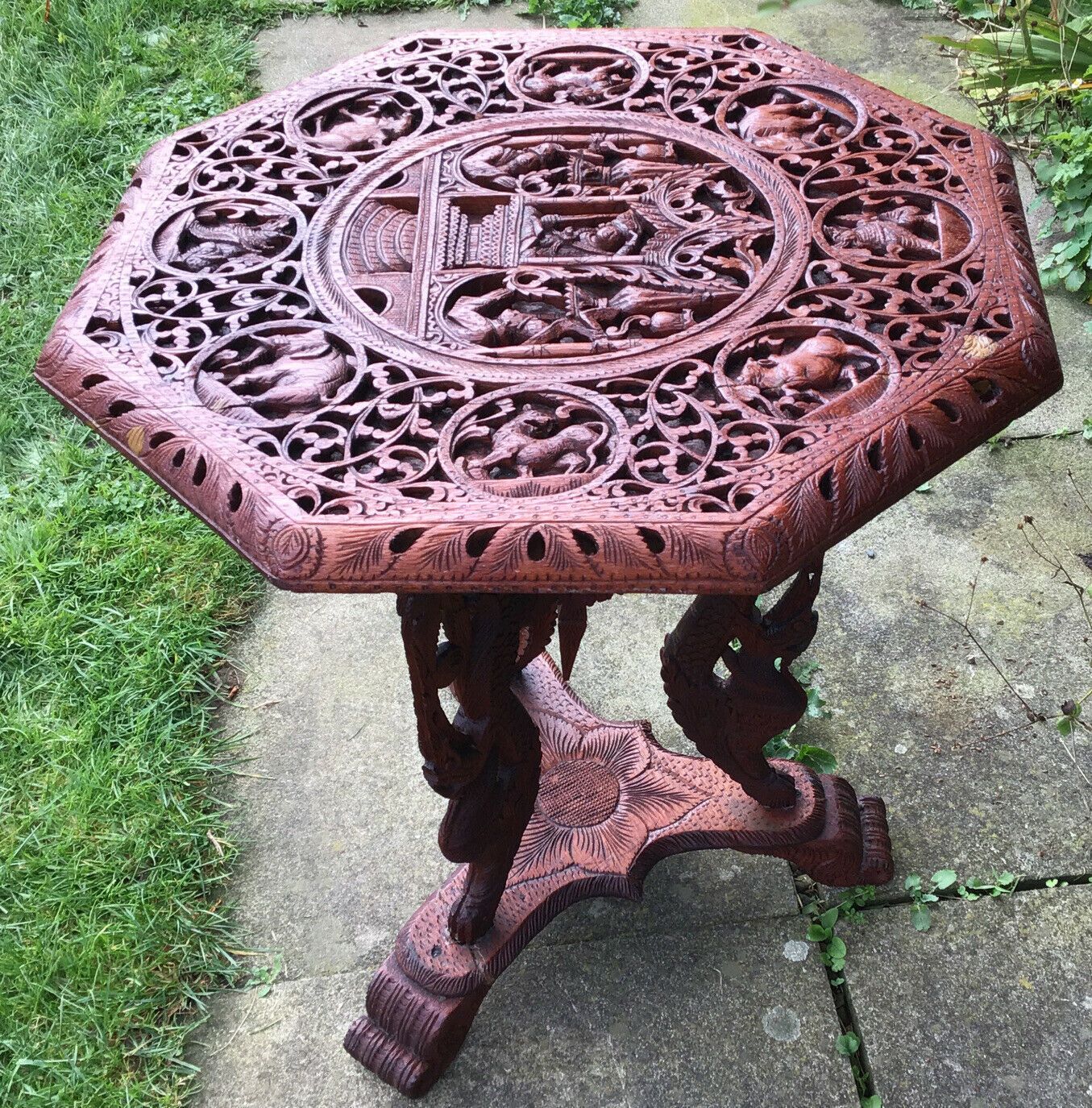 19th C. Large Intricatley Carved Burmese Teak Table On Trefoil Base photo vinterior