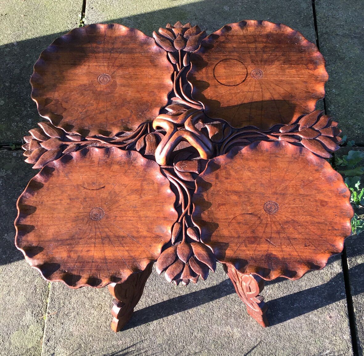 19th C. Carved Teak Chinese Tea Table In Art Nouveau Style photo vintage