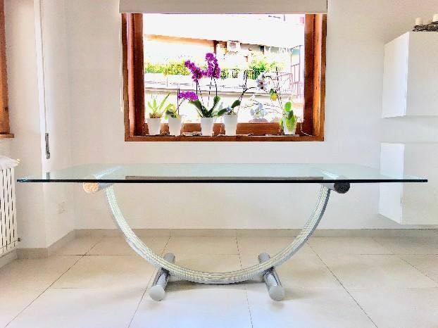 Unkown Designer Large Rectangular Steel Table & Chairs (6x)