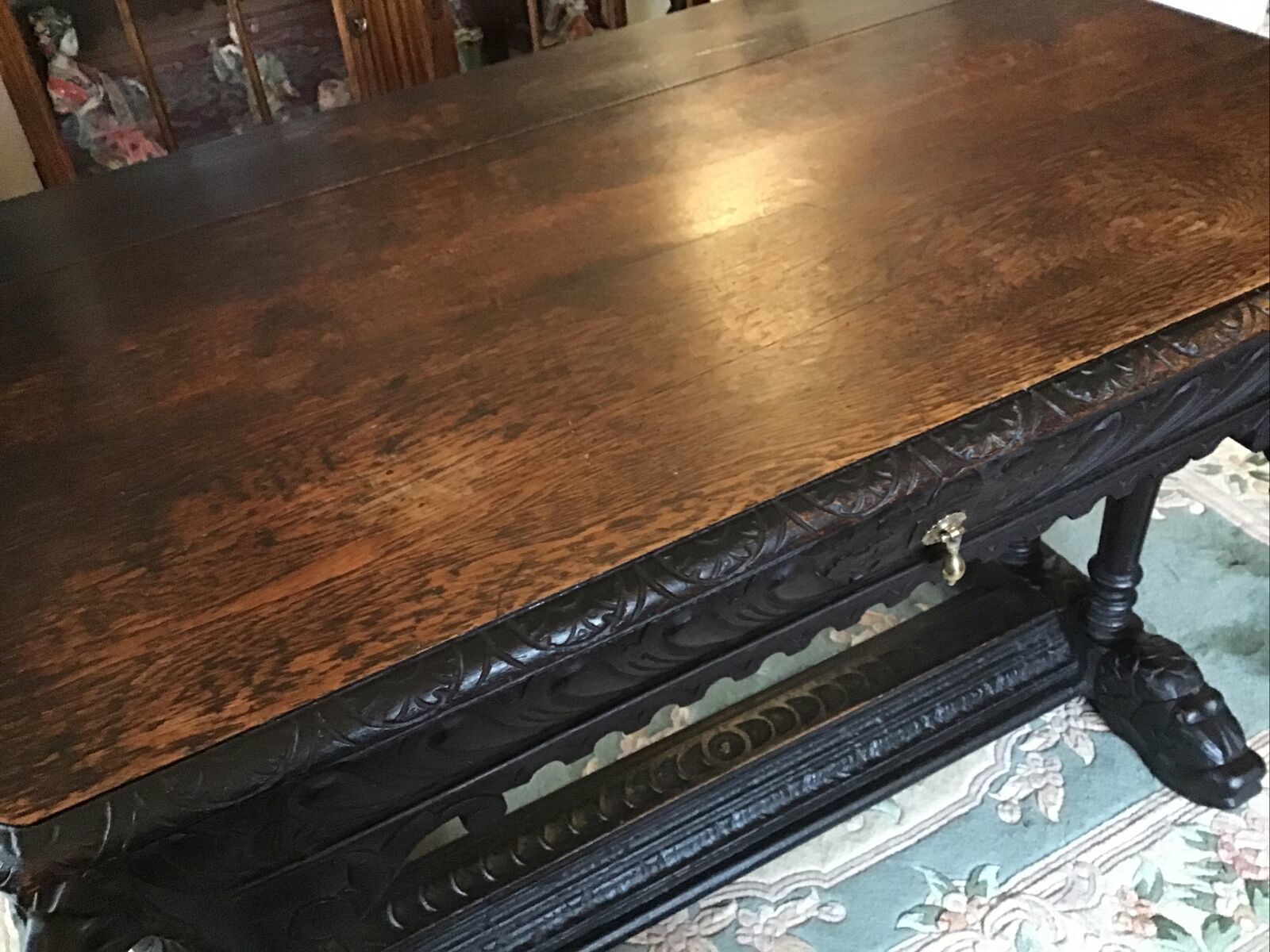 photo for sale Heavily Carved Oak Writing Table. Fluted Column Legs Over Dolphin Feet C.1800