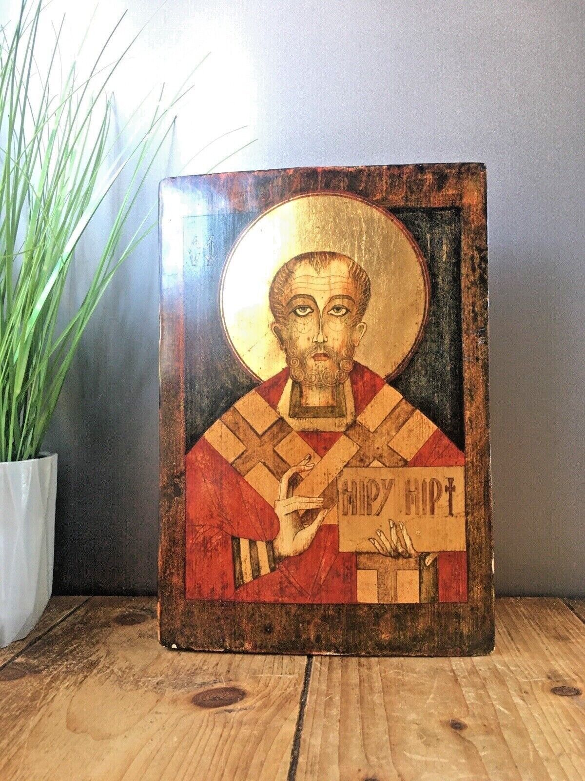 photo furniture Vintage Religious Greek Russian Byzantine Icon Wall Plaque Wooden Saint Nicholas