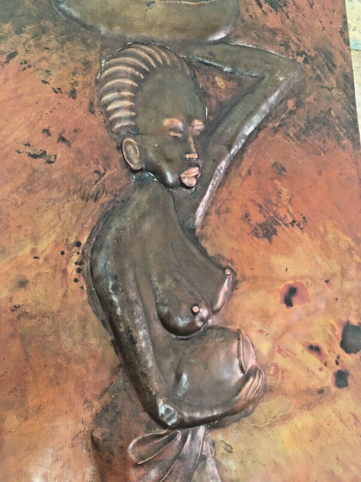 Large African Copper Sheet Panel Plaque Nude Pregnant Lady Kasongo Kamba Style photo Art