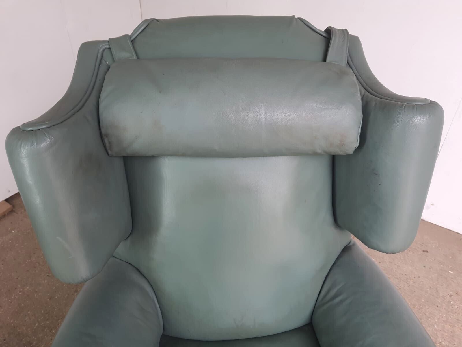 Antique Wing Back Green Leather Armchair Wood Legs Castors photo for sale
