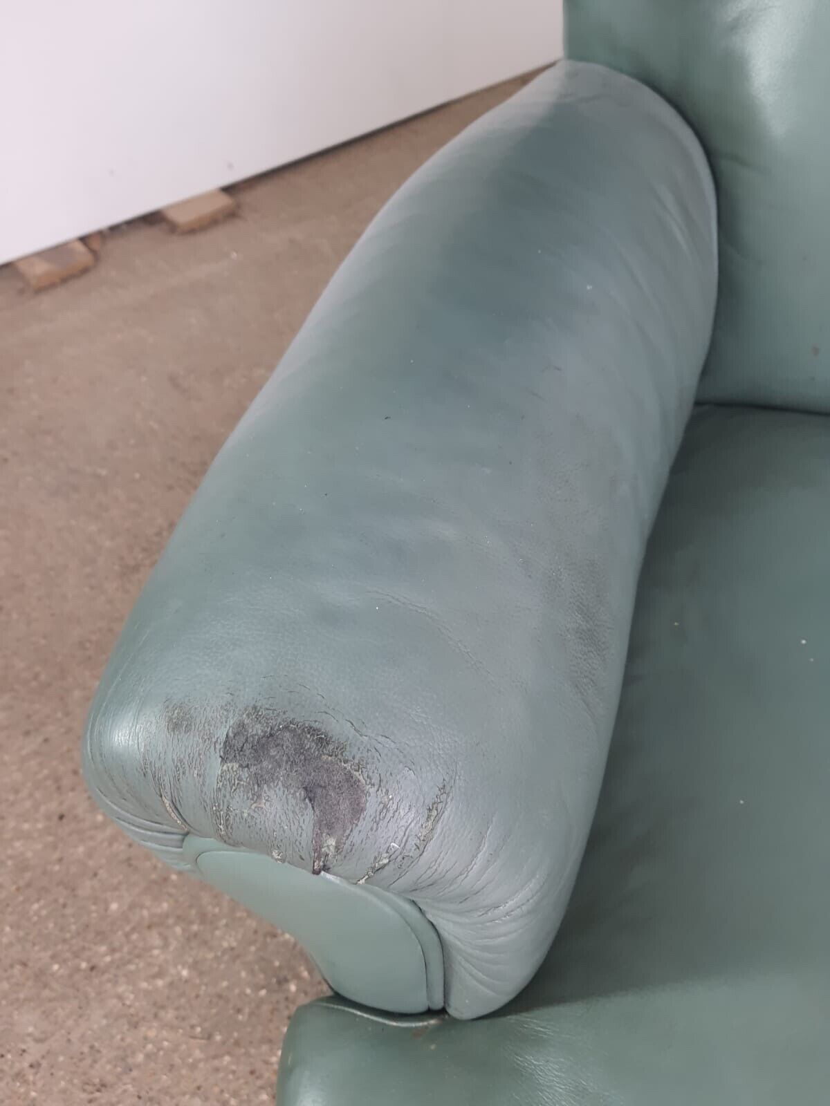 Antique Wing Back Green Leather Armchair Wood Legs Castors photo vintage