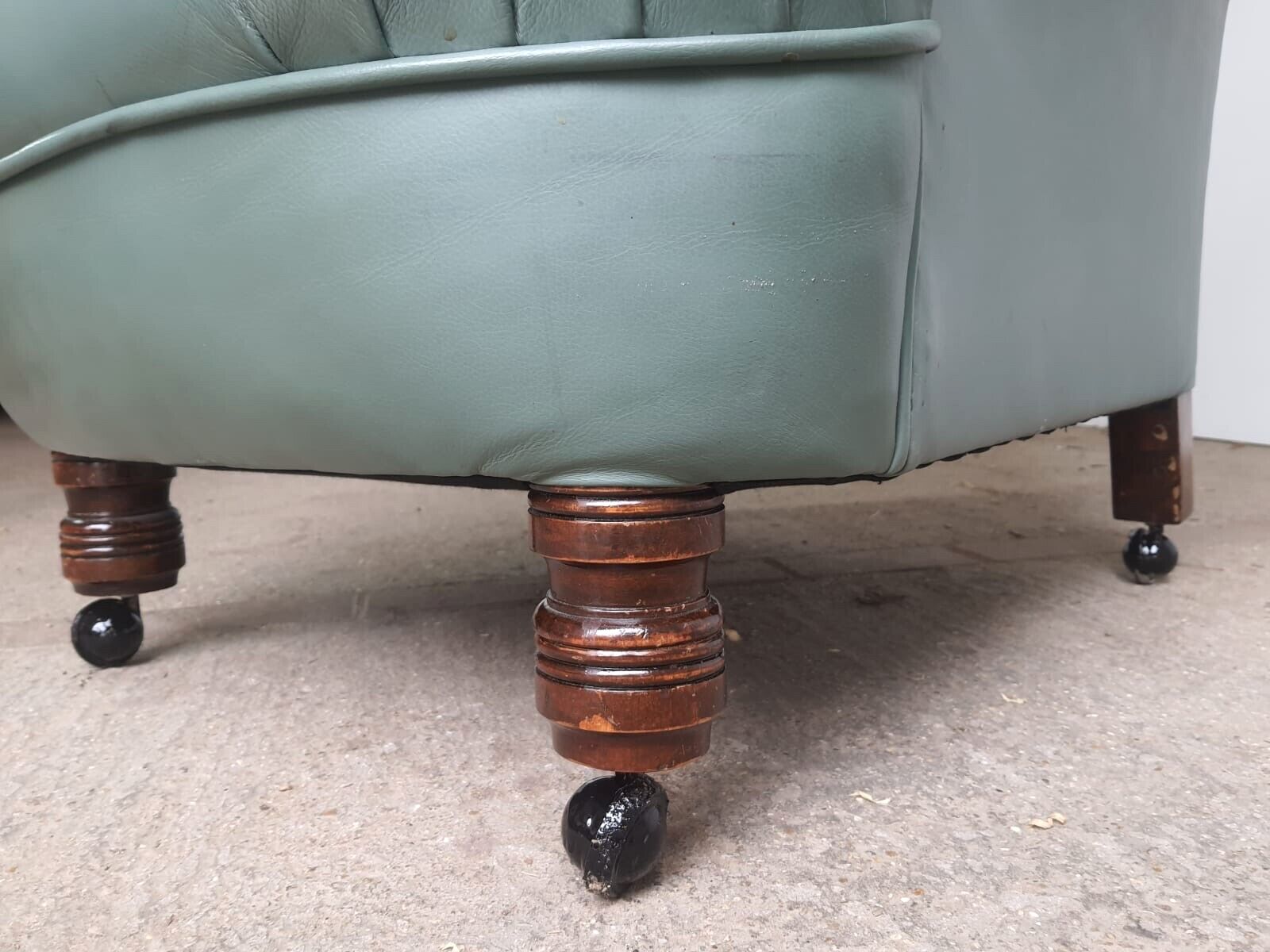 Furniture Antique Wing Back Green Leather Armchair Wood Legs Castors photo