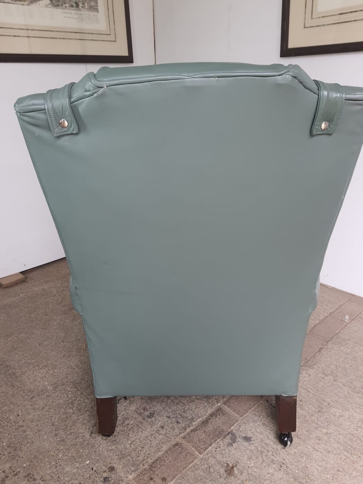 360.0 Antique Wing Back Green Leather Armchair Wood Legs Castors photo