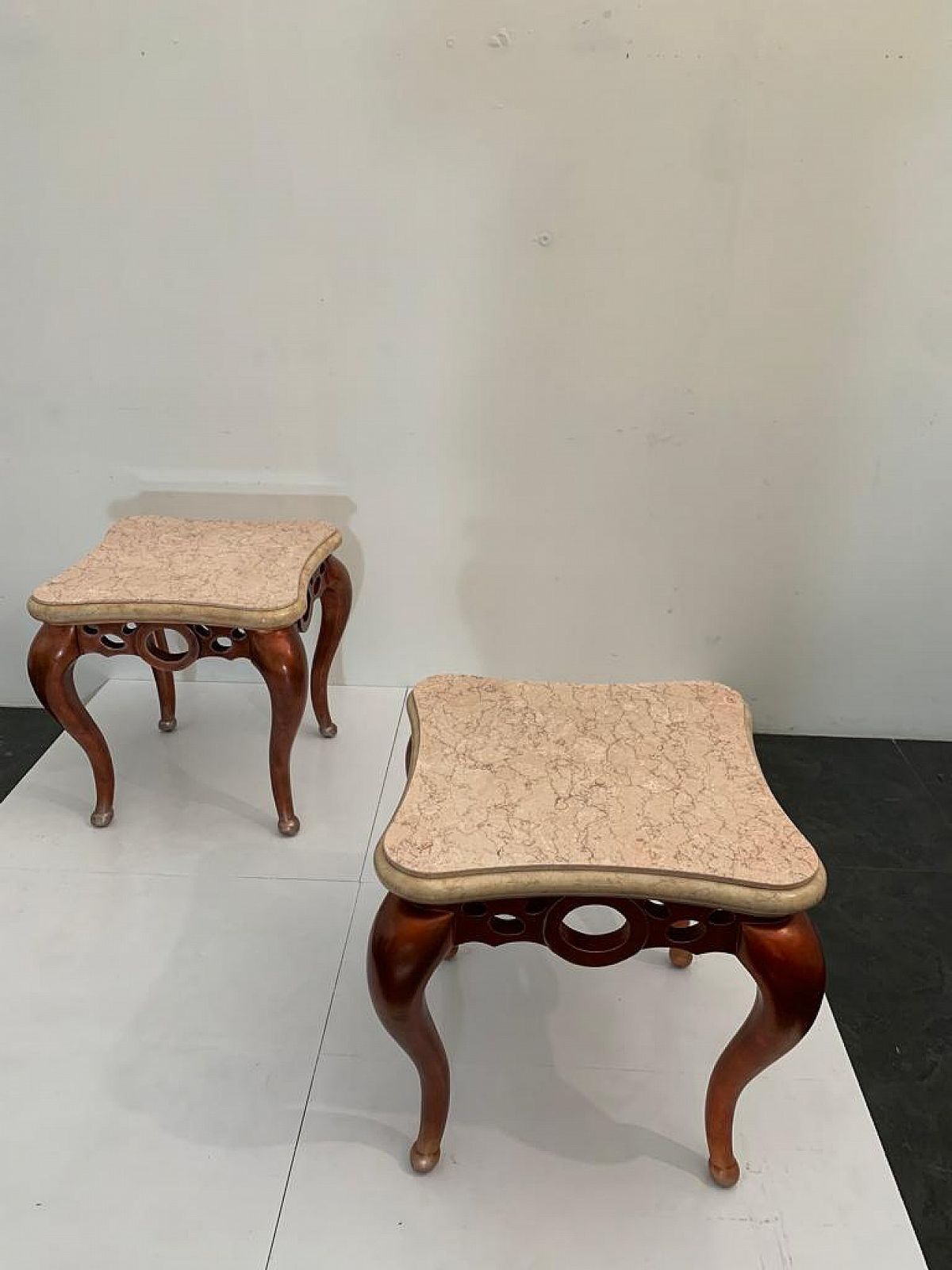 Furniture Pair Of Red Metal Leaf Coffee Tables With Pink Marble Tops, 1990s photo