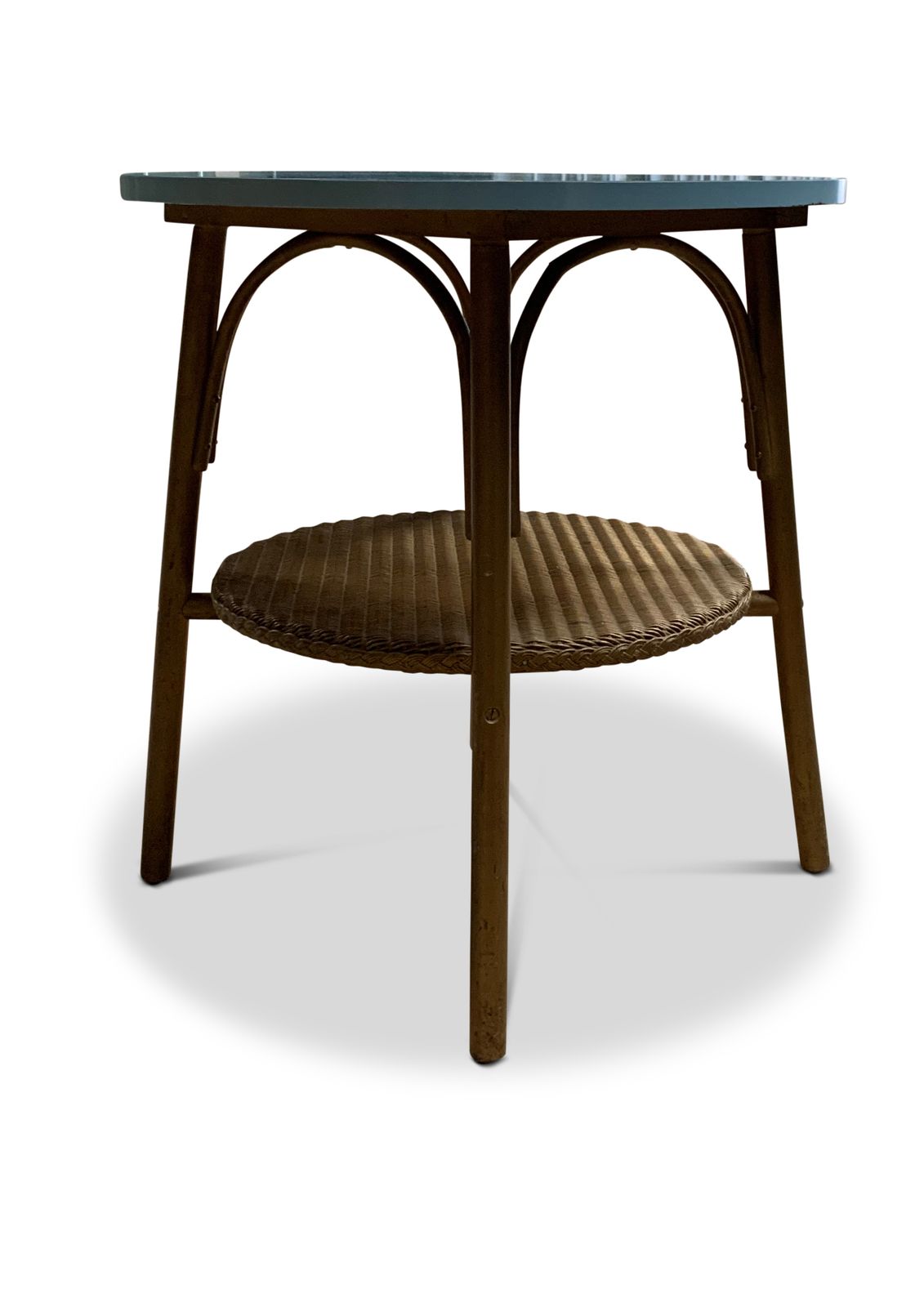 Lloyd Loom "Lusty" Bentwood Table. Circular Blue Top With Original Gold Finish Under. 1930's, Makers Label Attached. Ol photo furniture
