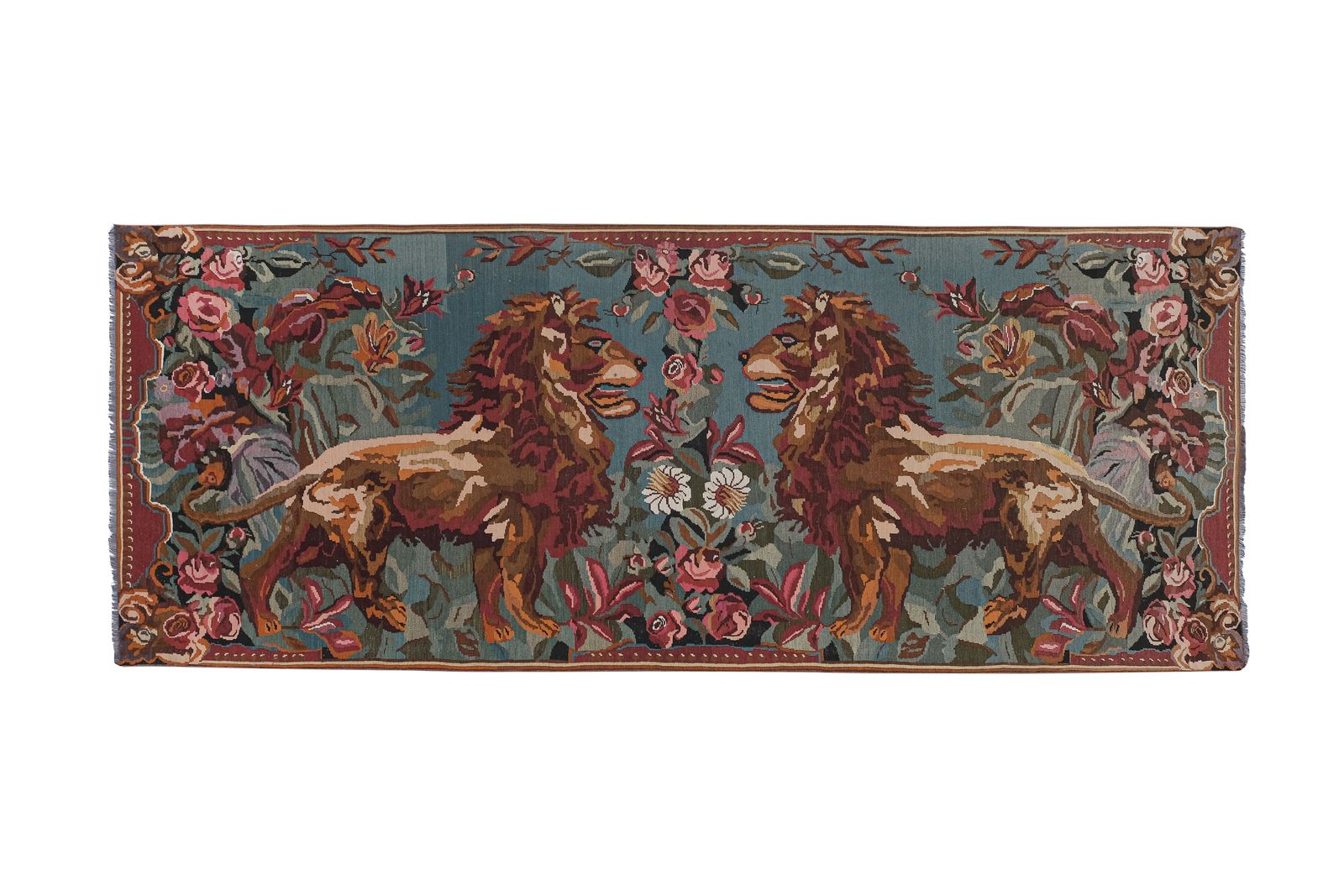 1970s Vintage Double Lion Motif Kilim Rug 6'9'' X 16'11''