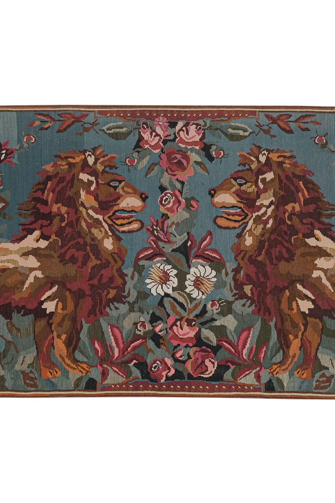 1970s Vintage Double Lion Motif Kilim Rug 6'9'' X 16'11'' photo vinterior