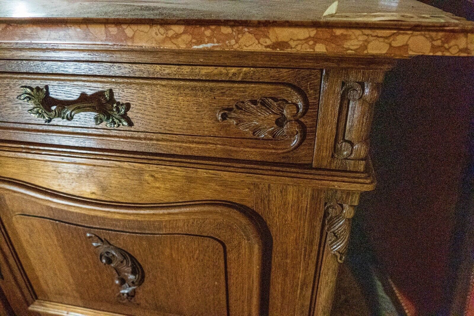 photo furniture 19th Century French Oak And Marble Topped Dressing Table/Washstand