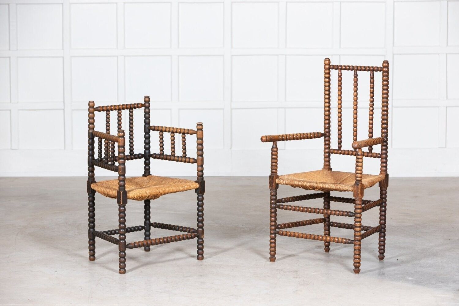 Near Pair 19thc Oak Arts & Crafts Bobbin Armchairs