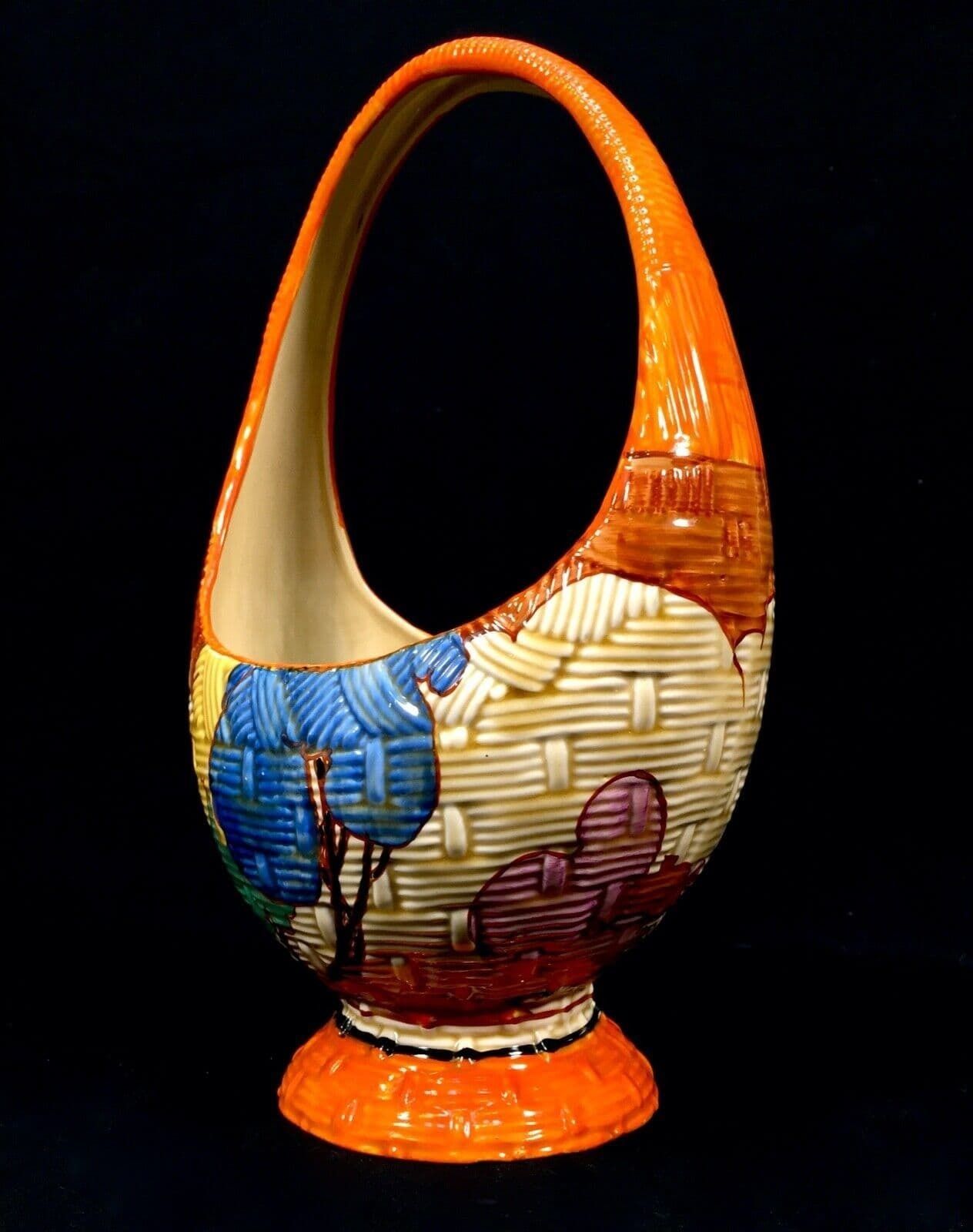 Clarice Cliff Gaiety Basket In Blue Autumn / Art Deco Pottery / Antique / C1931 photo for sale