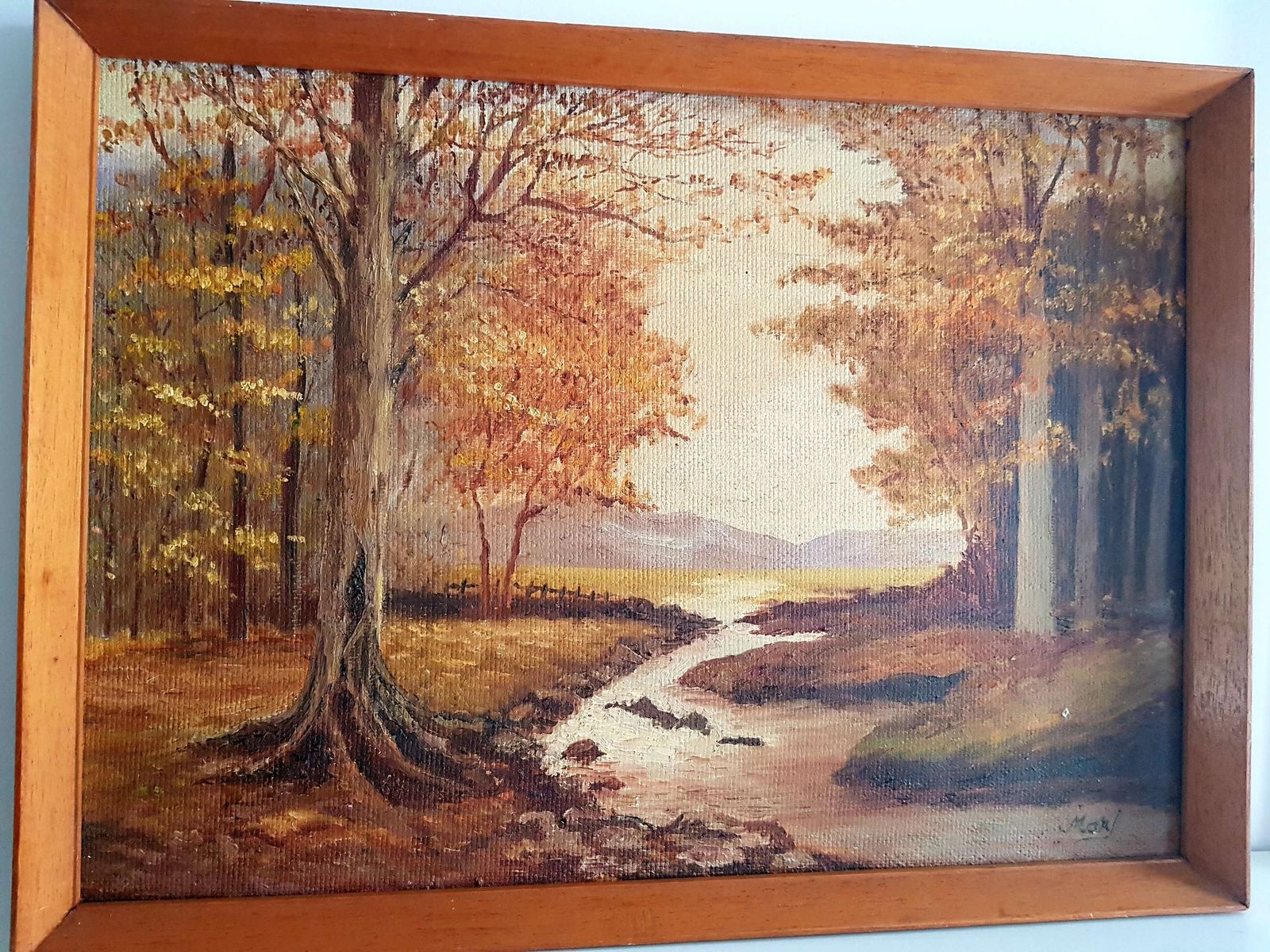 Beautiful Mid Century Oil On Canvas Autumnal Landscape photo Art