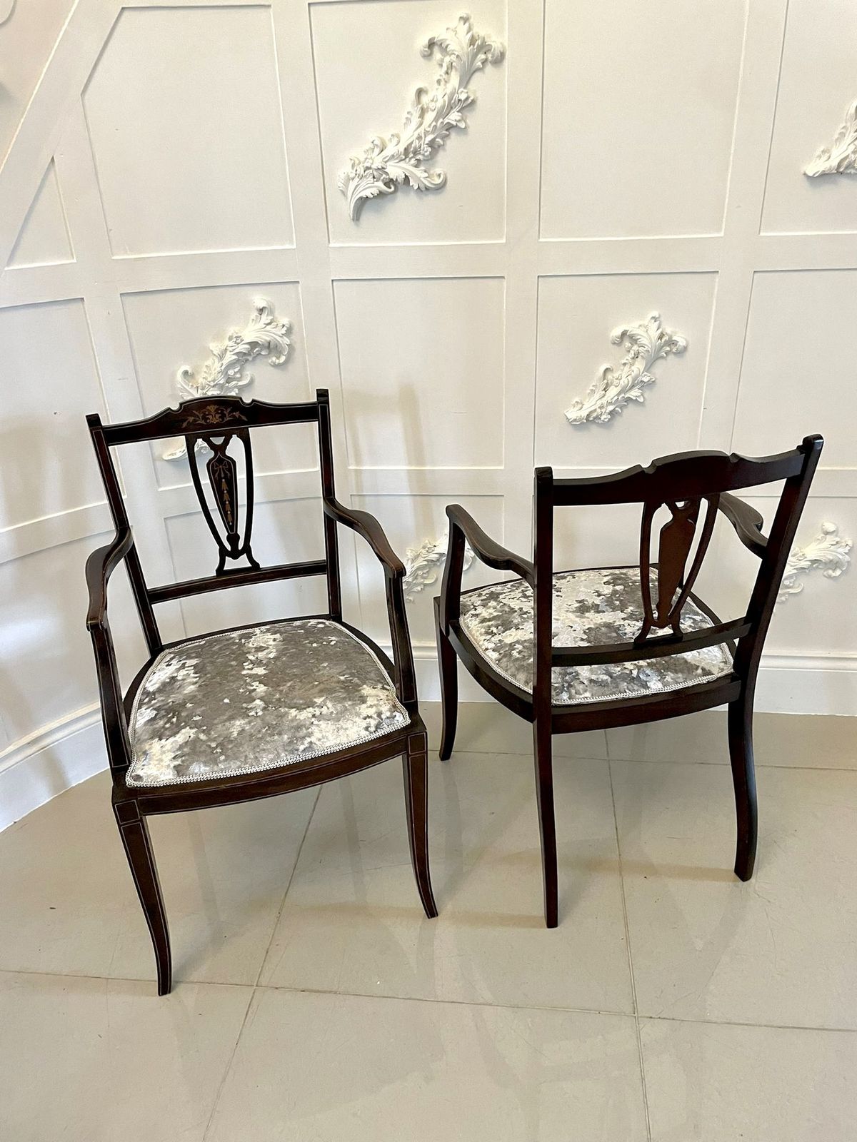 Pair Of Antique Mahogany Inlaid Armchairs photo furniture