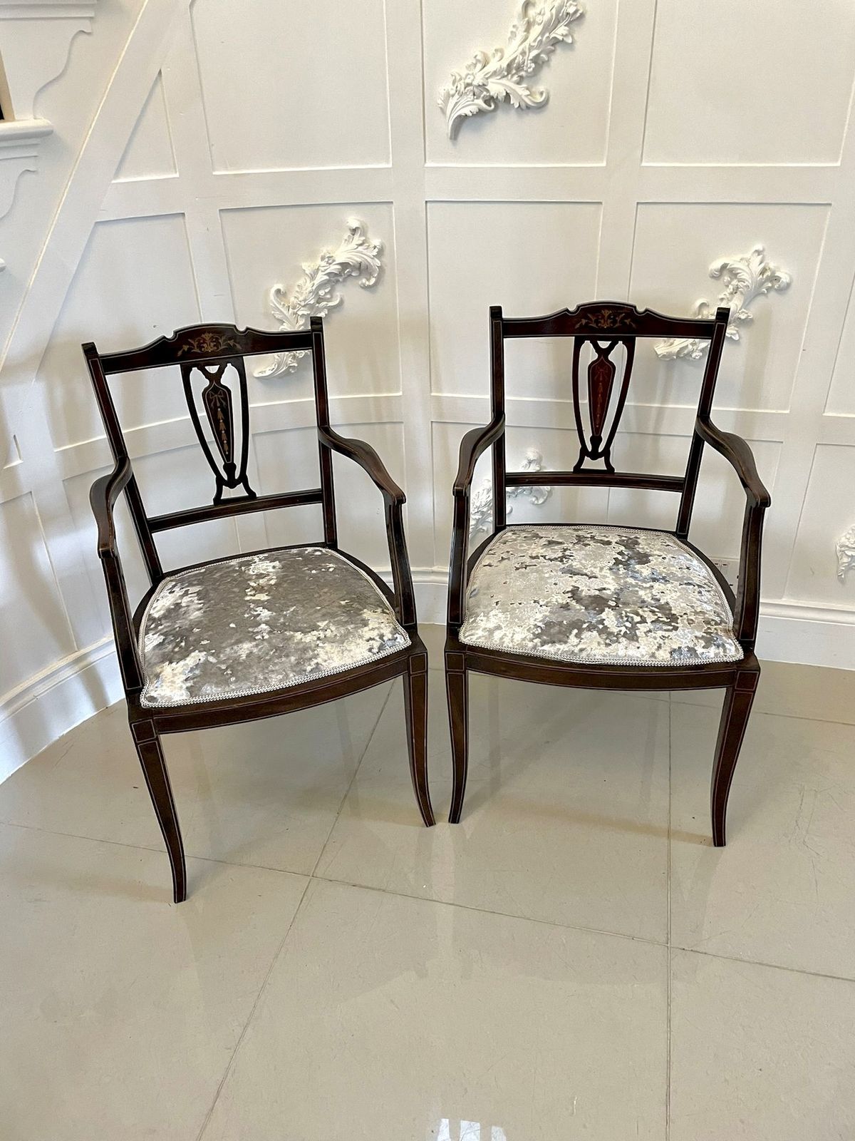 Pair Of Antique Mahogany Inlaid Armchairs