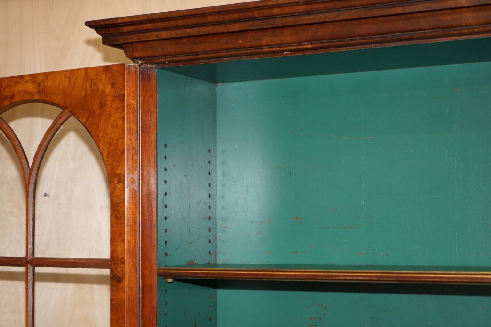 Furniture Sublime Antique Victorian Burr Walnut Library Bookcase With Gothic Glazed Doors photo