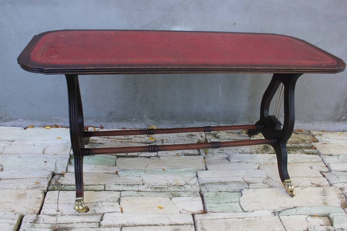 Rare Coffee Table Lyre Harp Base Sheraton Style Table On Caster Wheels And Leather Top photo furniture