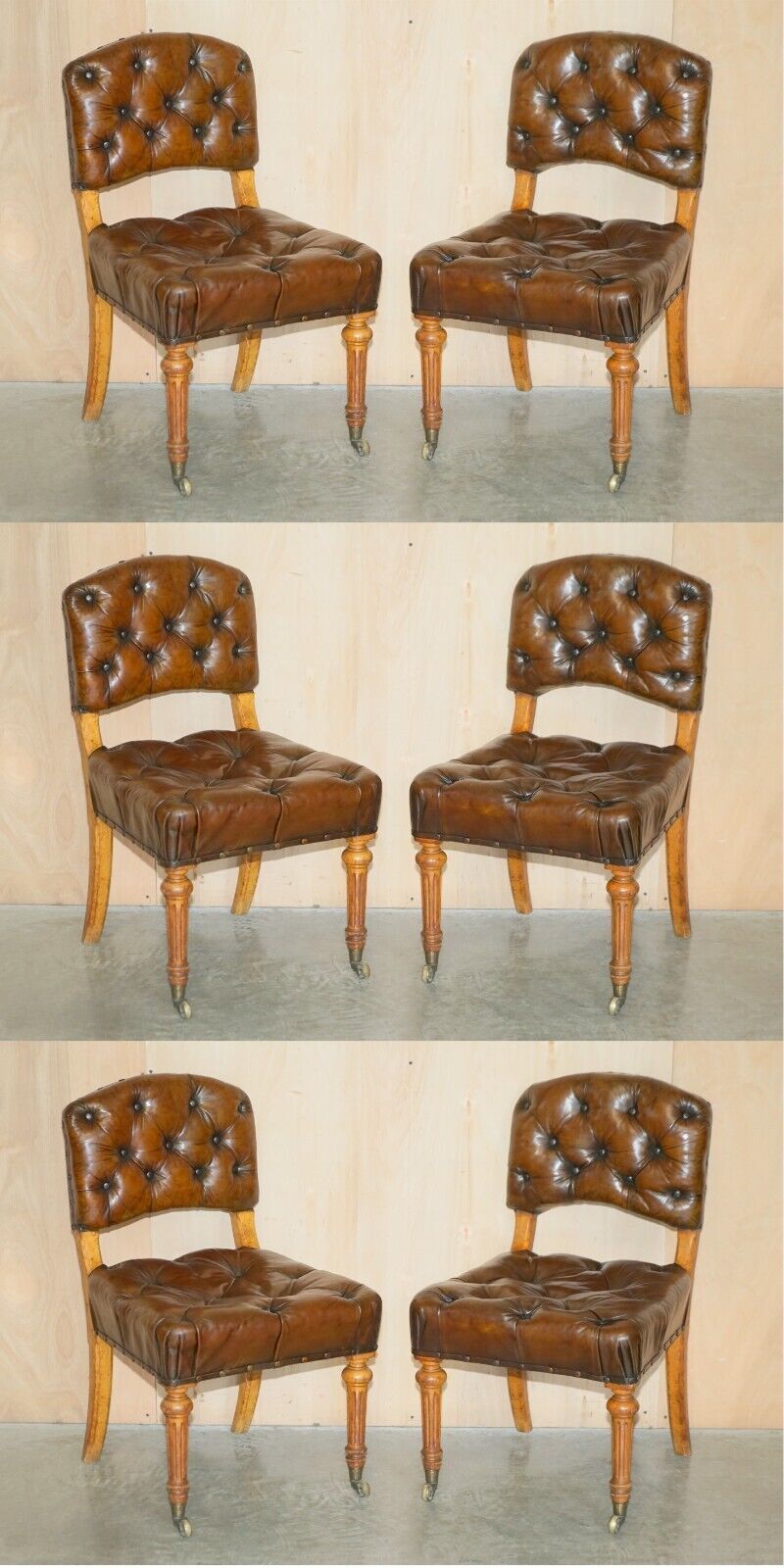 Six Antique Regency 1820 Brown Leather Pollard Oak Chesterfield Dining Chairs