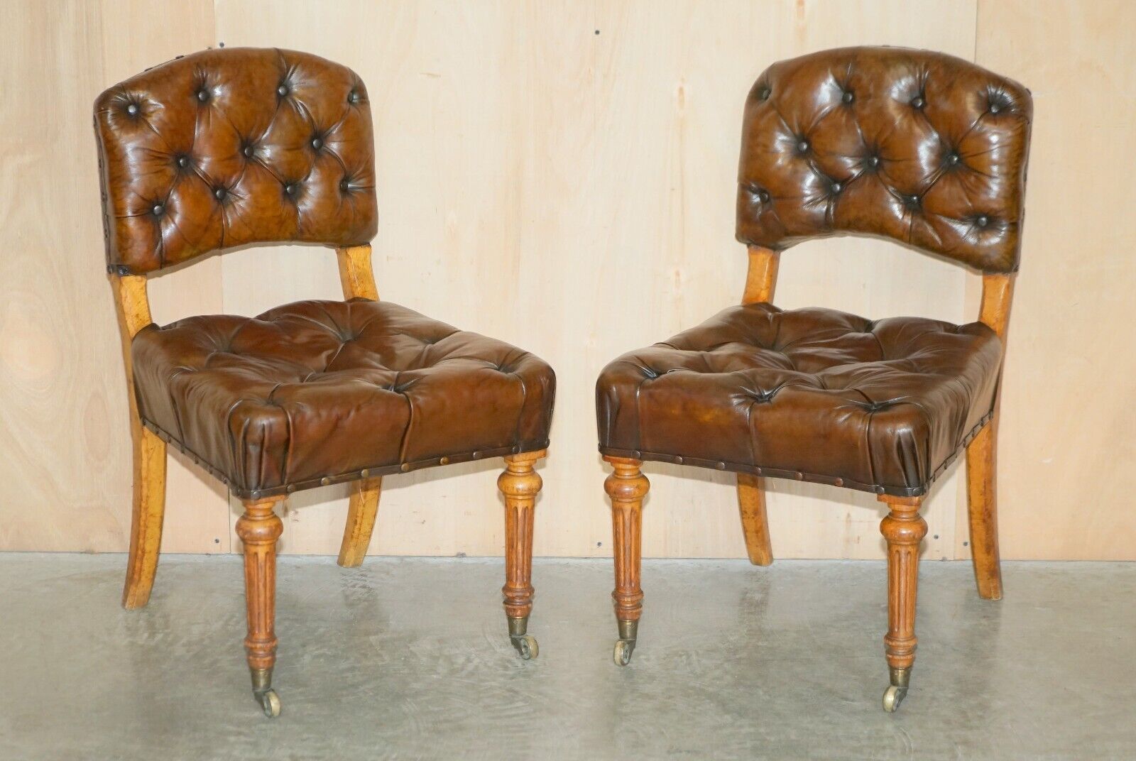 Six Antique Regency 1820 Brown Leather Pollard Oak Chesterfield Dining Chairs photo furniture