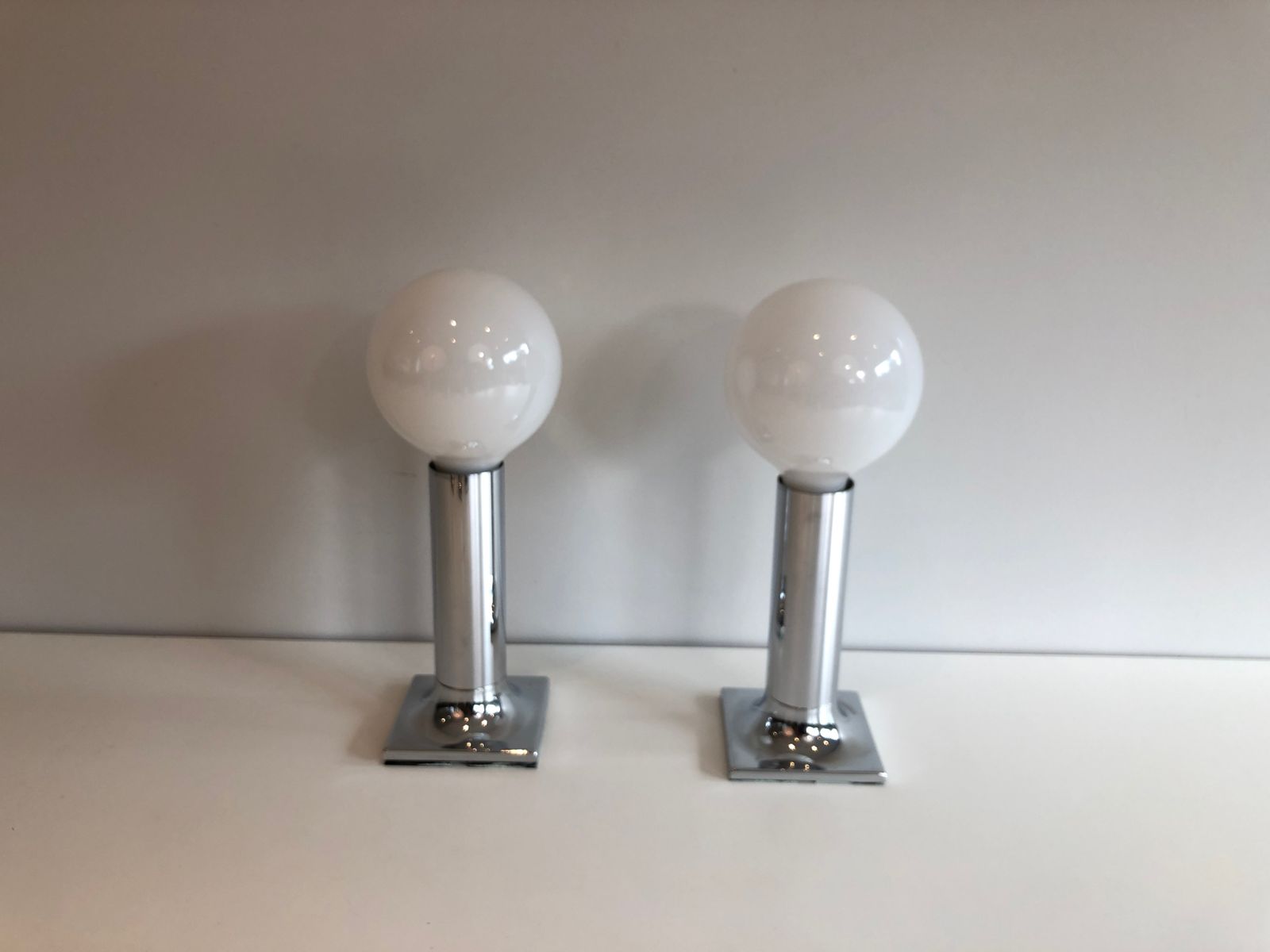 photo vinterior Set Of Chrome And White Opaline Glass Bowls Wall Lights Or Fixtures