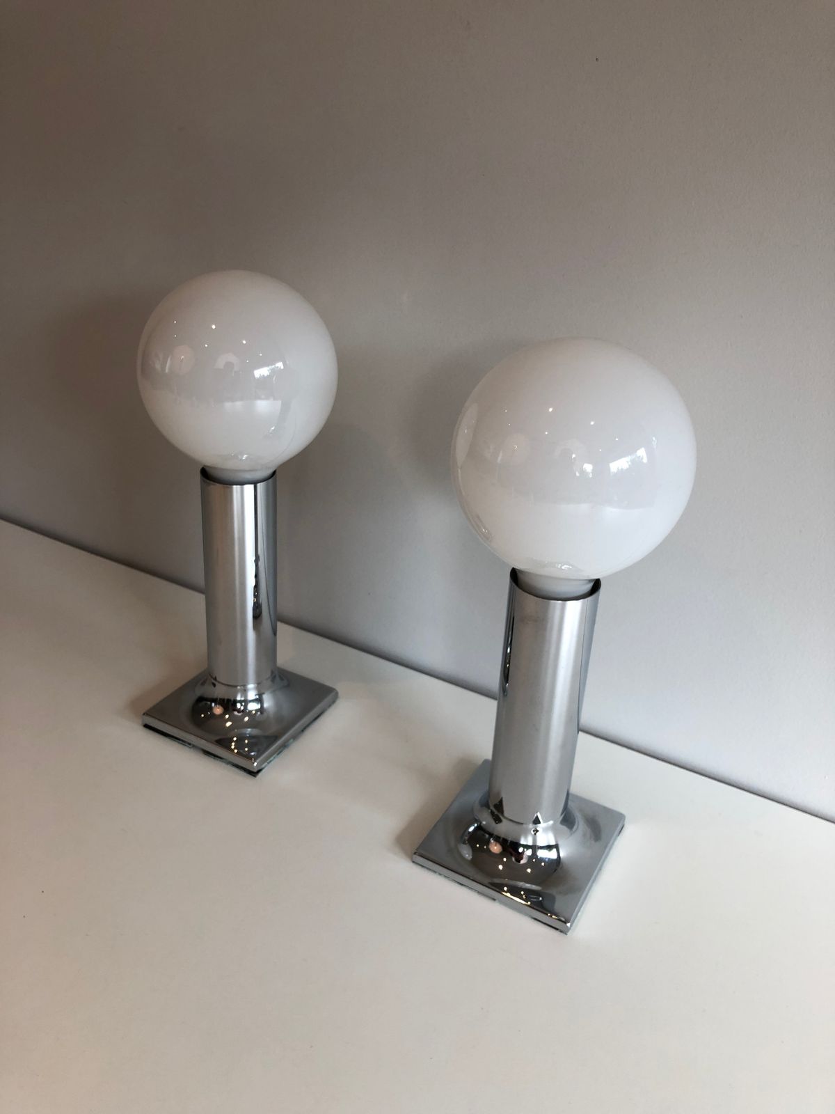photo buy Set Of Chrome And White Opaline Glass Bowls Wall Lights Or Fixtures