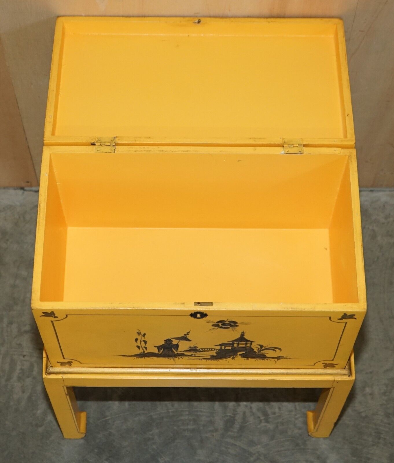 Home Decor Antique Japanned Yellow Oriental Side Chest On Stand Hand Painted & Lacquered photo