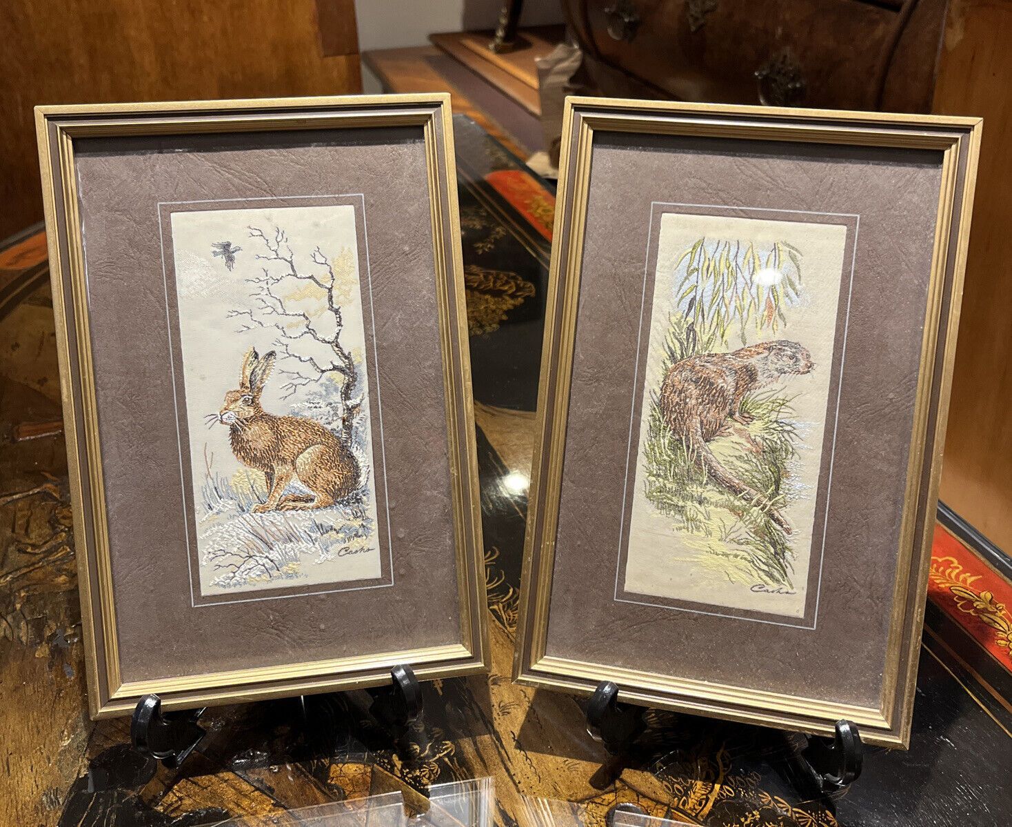Pair Of Silk Pictures Of Animals We Ship Worldwide
