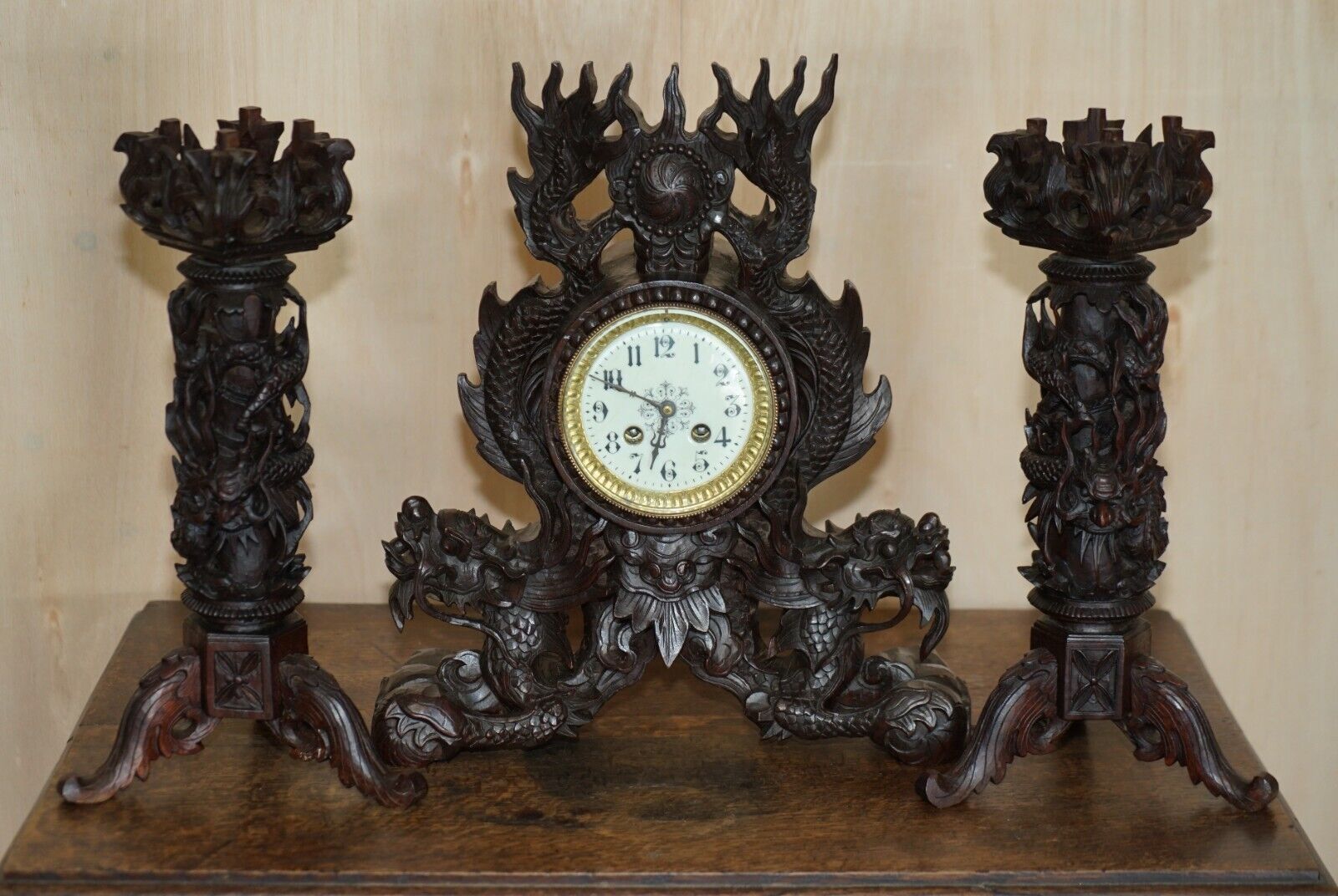 Stunning Chinese Export Hand Carved Wood Dragon Mantle Clock & Candlesticks photo furniture