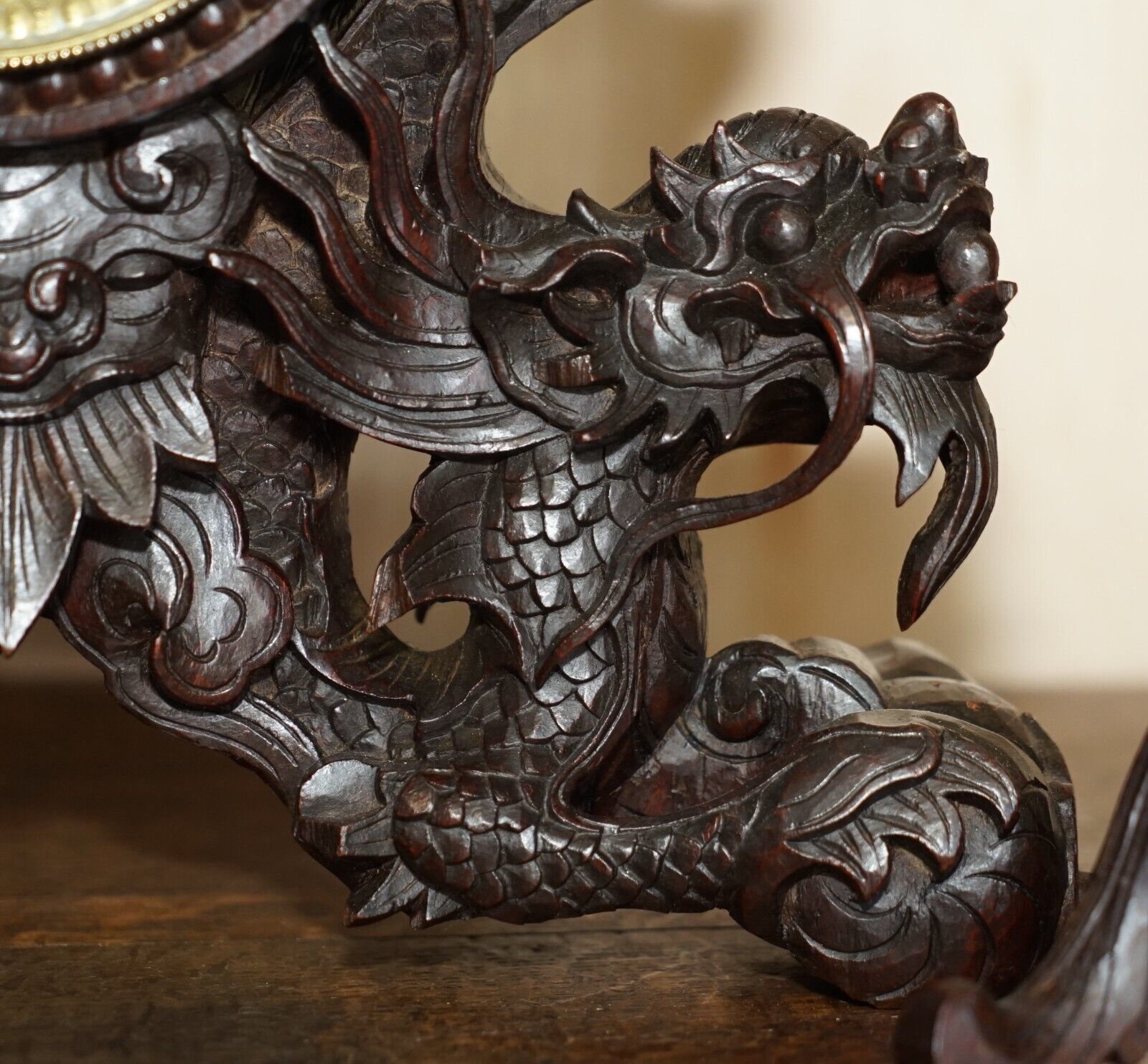 Stunning Chinese Export Hand Carved Wood Dragon Mantle Clock & Candlesticks photo vintage