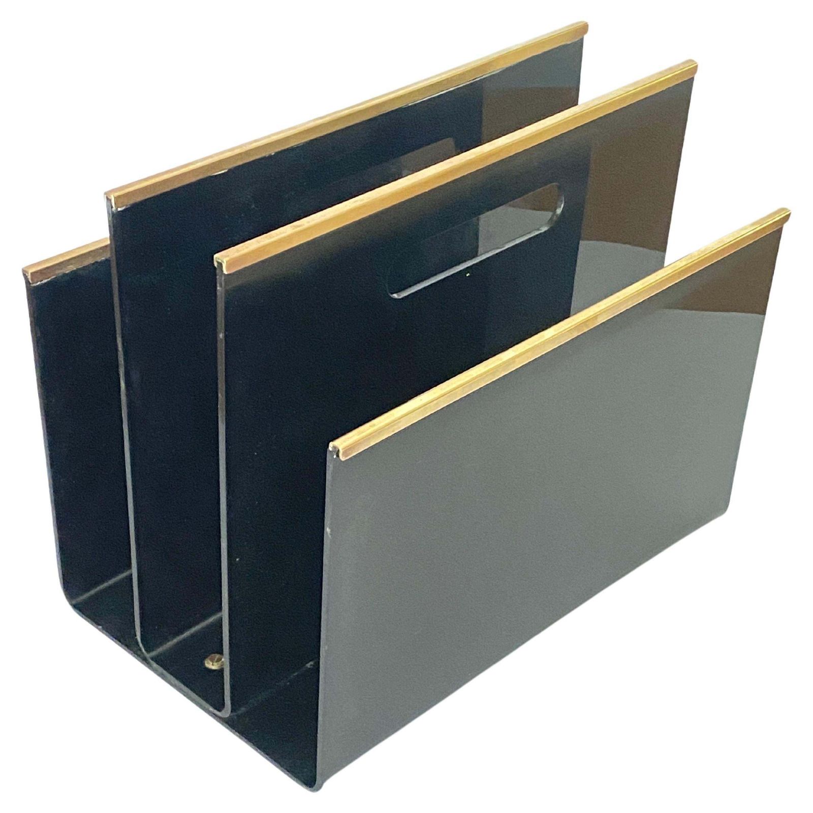 Bakelite Or Lucite And Brass Magazines Stands, Black And Gilt Color, France 1970