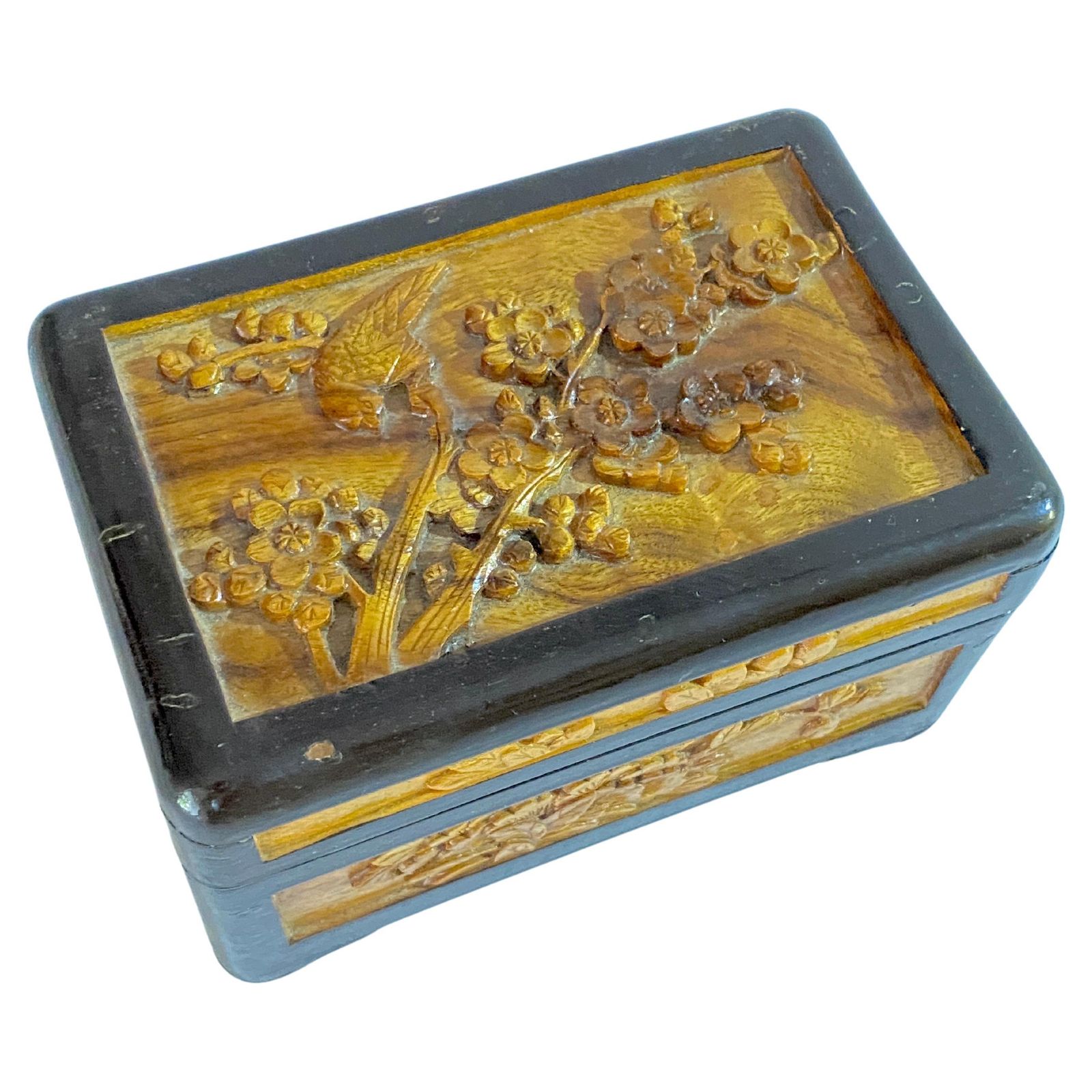 Chinese Decorative Or Jewelry Box, In Carved Wood, Trees And Birds Decor, China