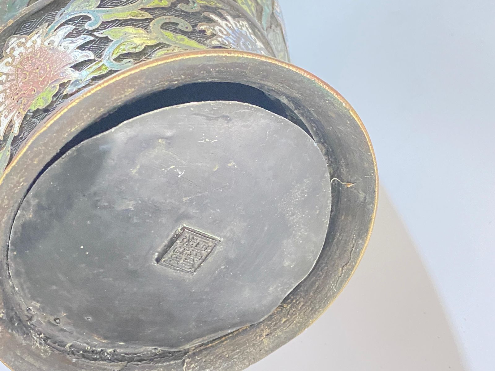 Large Antique Chinese Cloisonné Champlevé Bronze Vase, China, Circa 1890 photo for sale