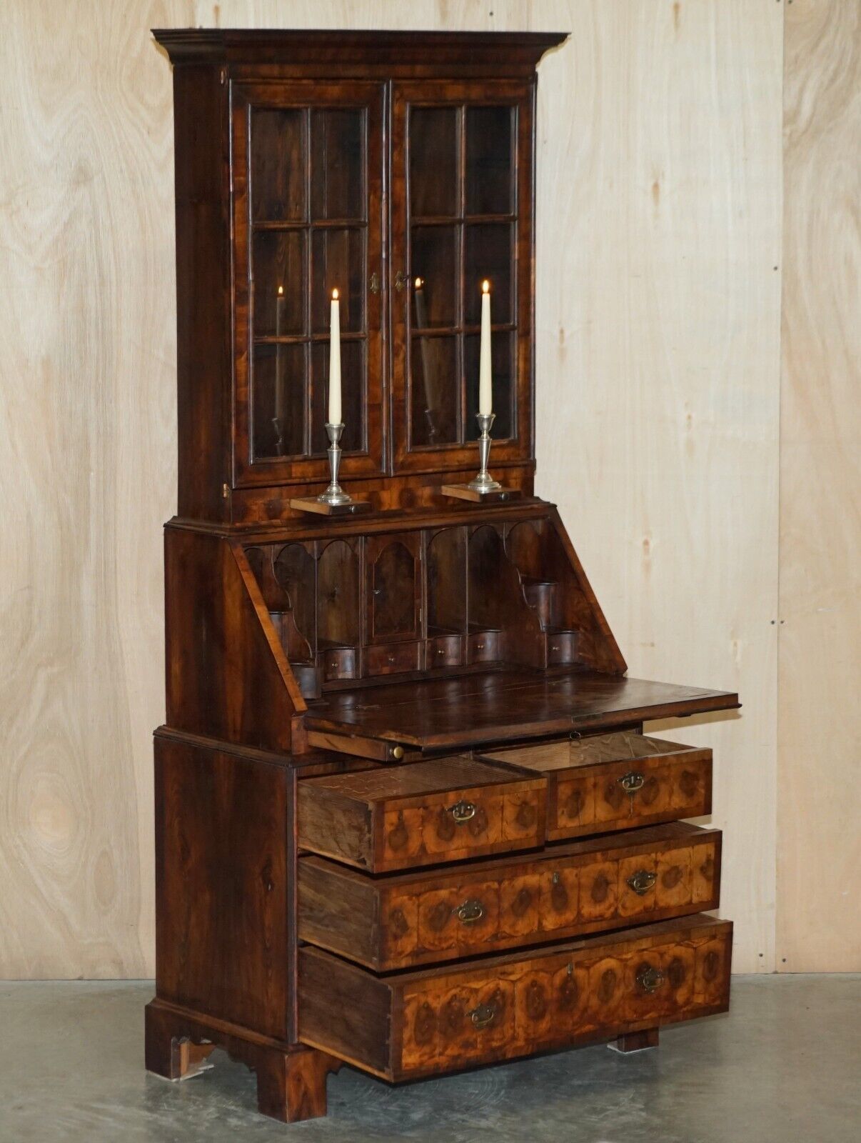 Fine Antique Georgian Circa 1780 Oyster Venner Bureau Bookcase Chest Of Drawers photo buy