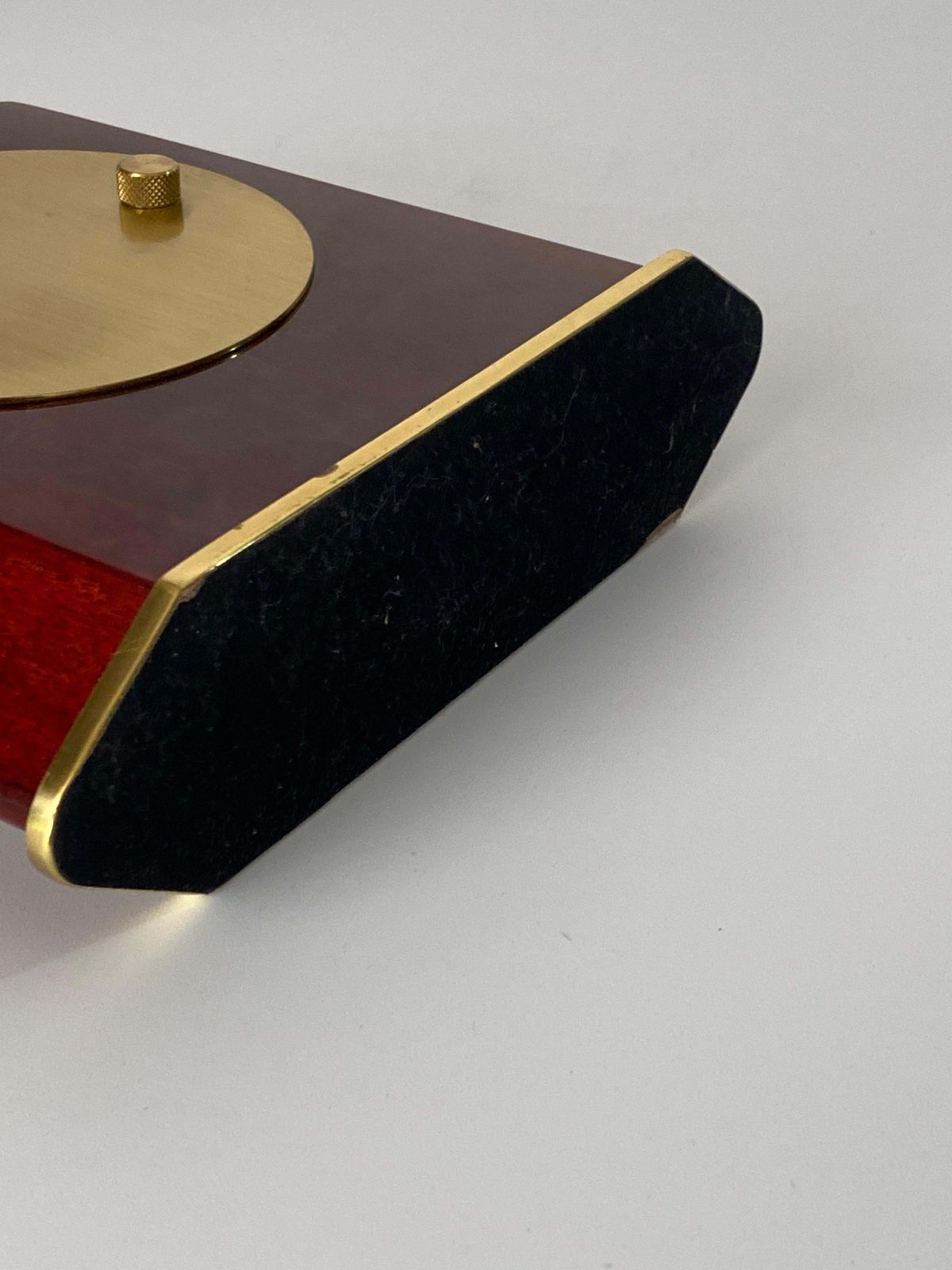 Table Clock Modern Shape Burgundy Color Hard Plastic And Brass France 1970 photo furniture