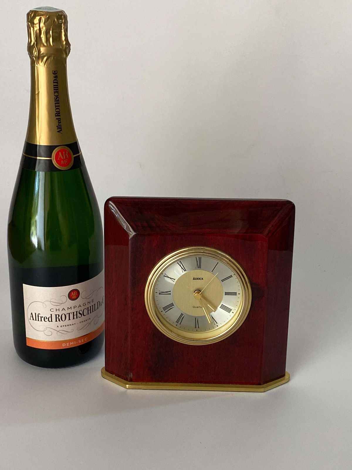 Table Clock Modern Shape Burgundy Color Hard Plastic And Brass France 1970 photo buy